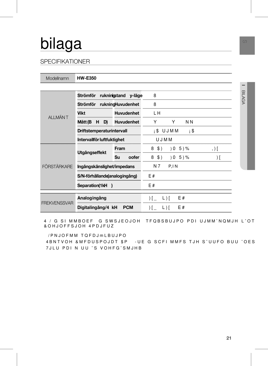 Samsung HW-E350/XE manual Bilaga, Specifikationer, Separation 1kHz, Frekvenssvar 