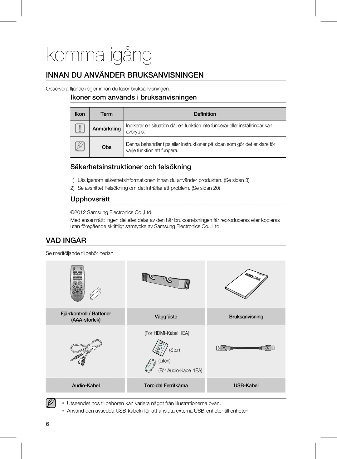 Samsung HW-E350/XE manual Komma igång, Innan DU anVänDer brUKsanVisningen, VaD ingÅr 