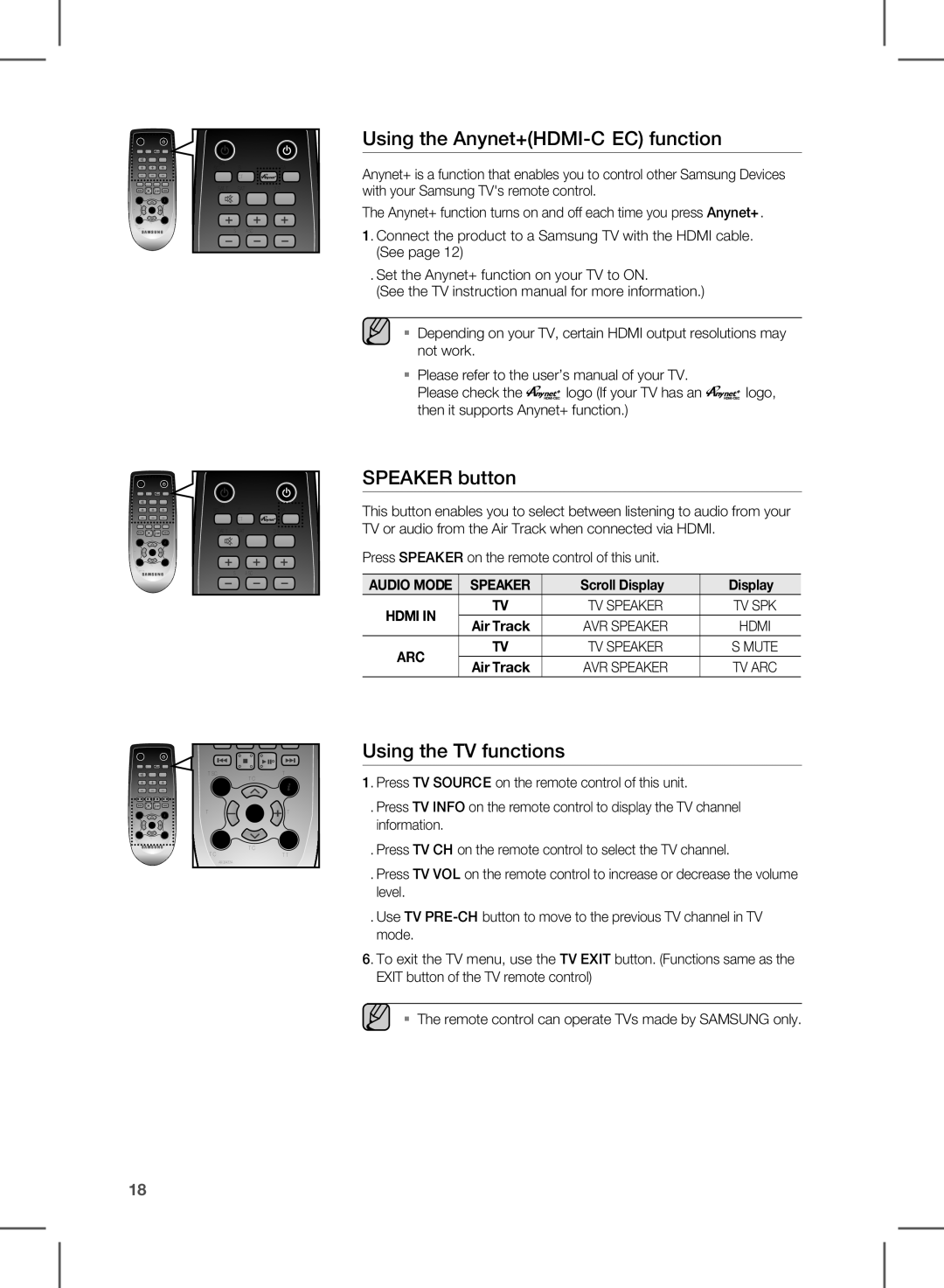 Samsung HW-E350/ZF, HW-E350/XN, HW-E350/EN manual Using the Anynet+HDMI-CEC function, Speaker button, Using the TV functions 