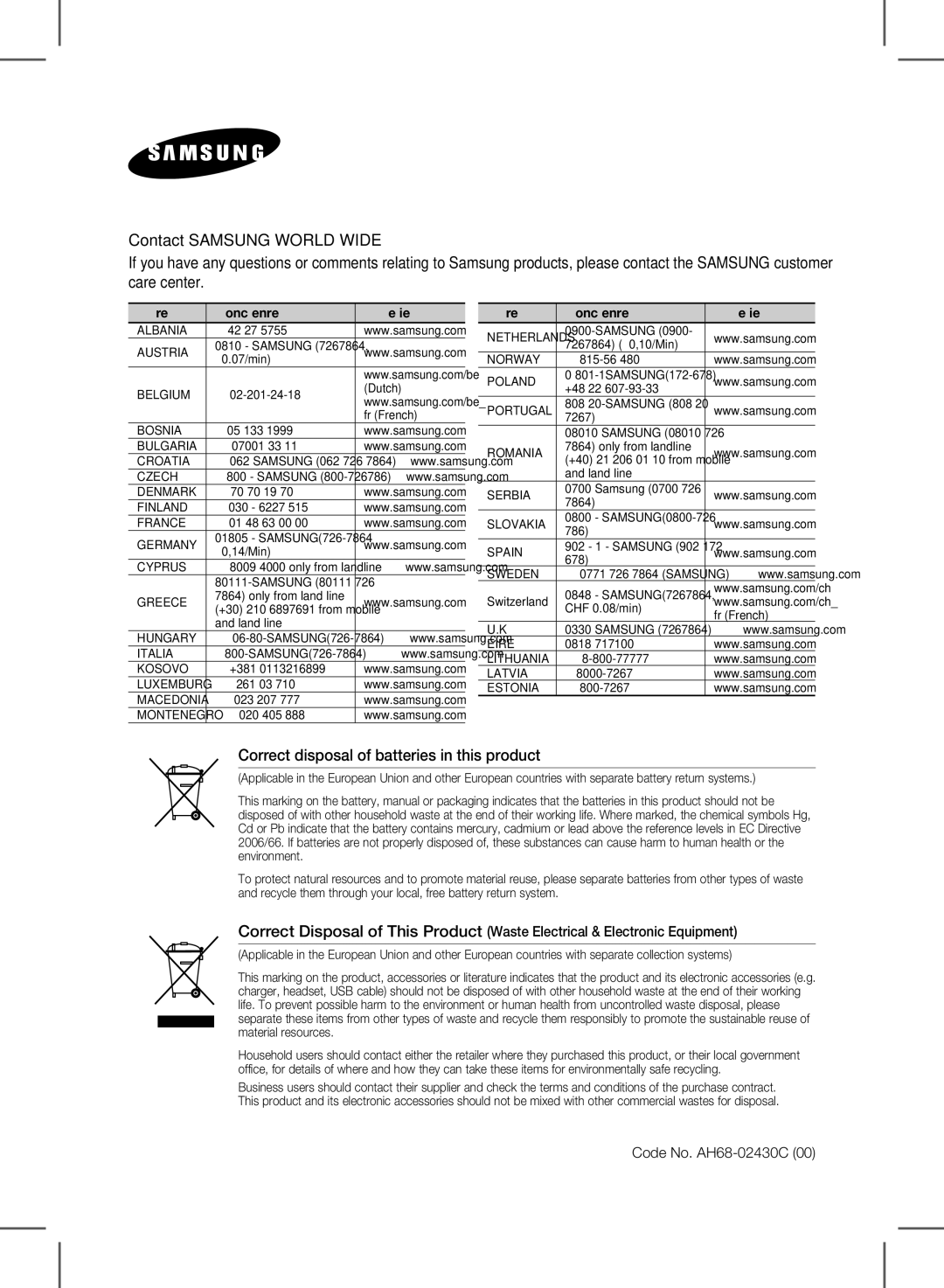 Samsung HW-E350/ZF, HW-E350/XN, HW-E350/EN, HW-E350/XE manual Code No. AH68-02430C, Area Contact Centre  Web Site 