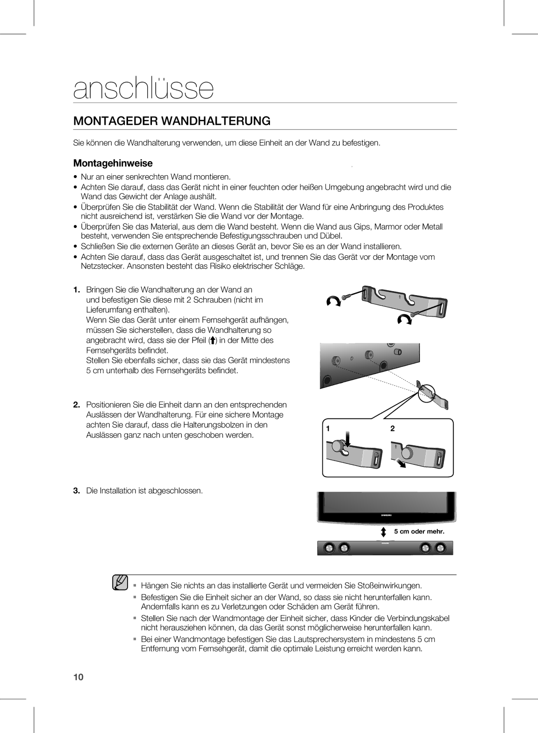 Samsung HW-E350/EN, HW-E350/XN, HW-E350/ZF manual Anschlüsse, MontAGeder wAndHALterunG 