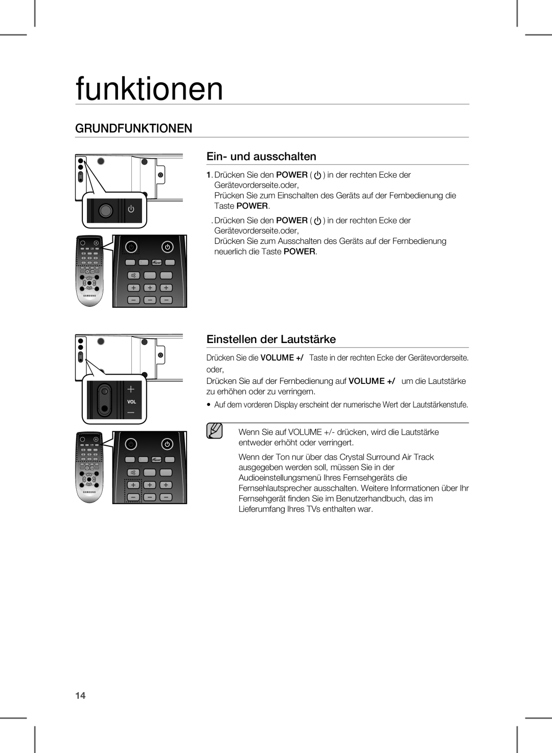 Samsung HW-E350/ZF, HW-E350/XN, HW-E350/EN manual Funktionen, Ein- und ausschalten, Einstellen der Lautstärke 