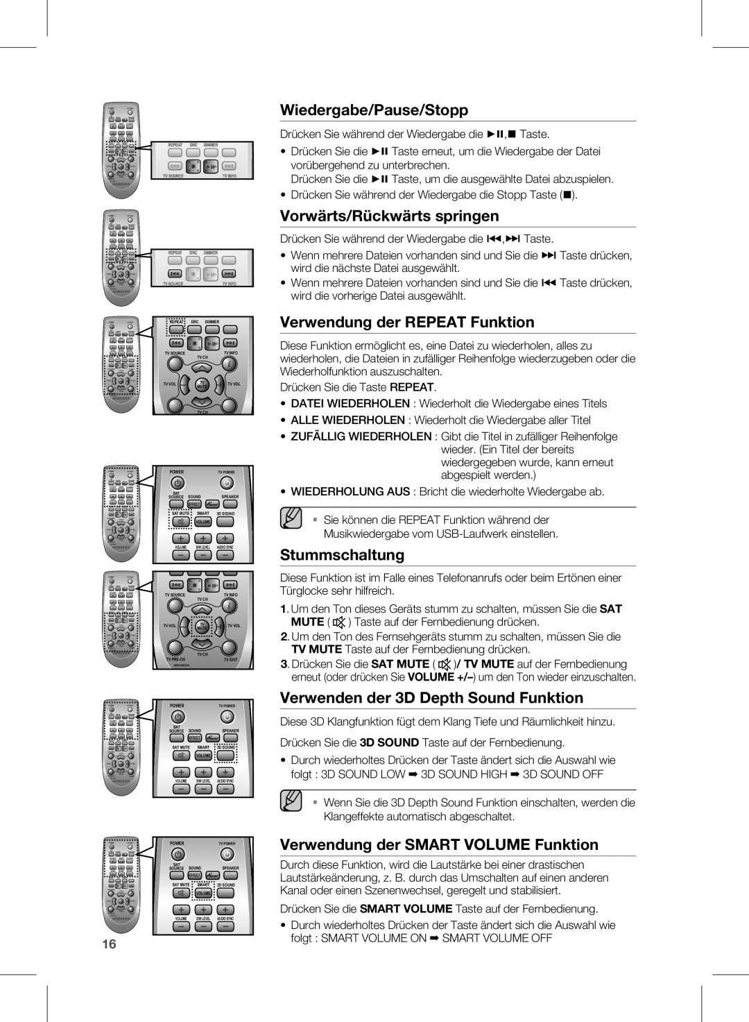 Samsung HW-E350/EN Wiedergabe/Pause/Stopp, Vorwärts/Rückwärts springen, Verwendung der Repeat Funktion, Stummschaltung 