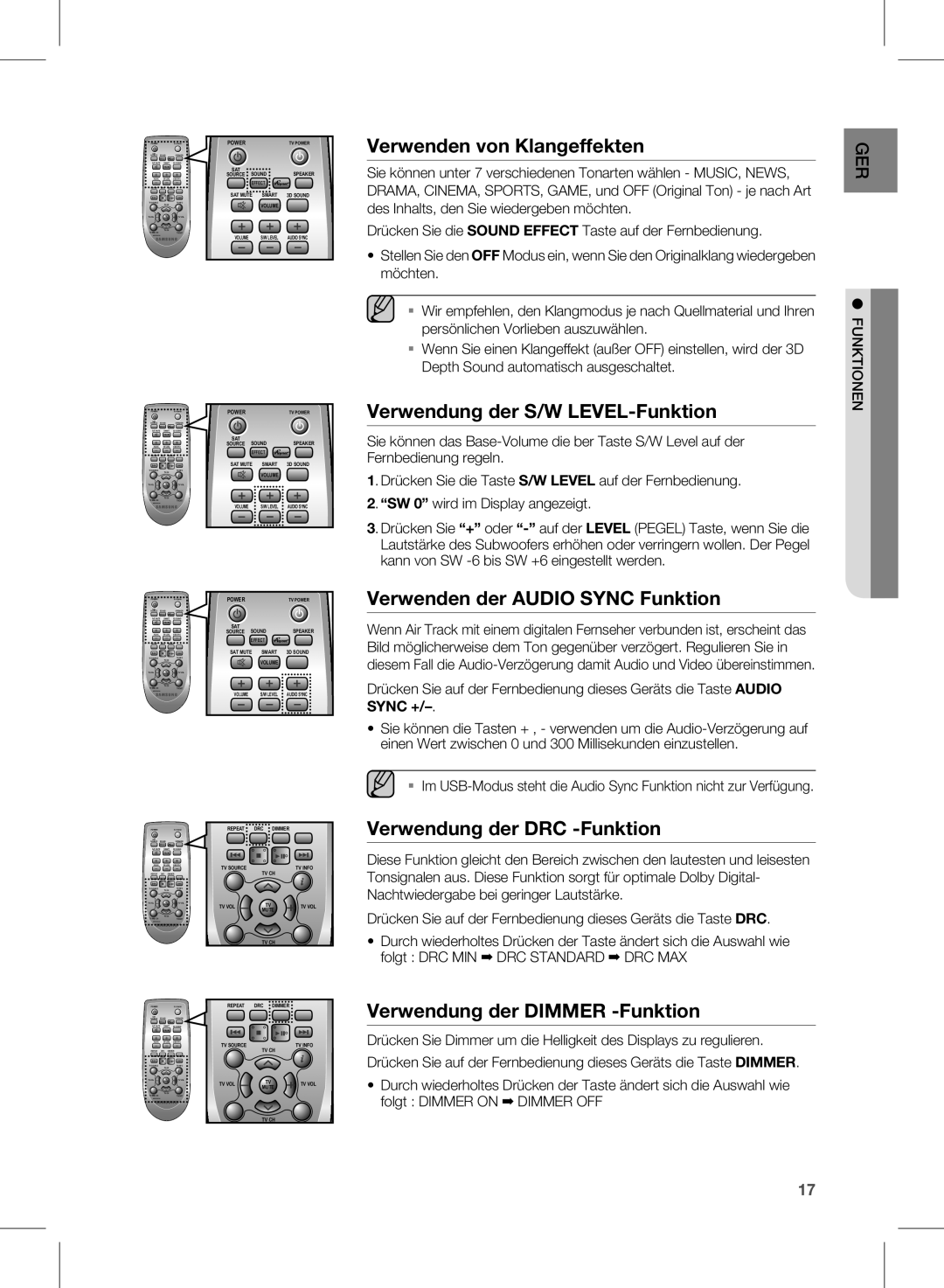 Samsung HW-E350/ZF manual Verwenden von Klangeffekten, Verwendung der S/W LEVEL-Funktion, Verwenden der Audio Sync Funktion 