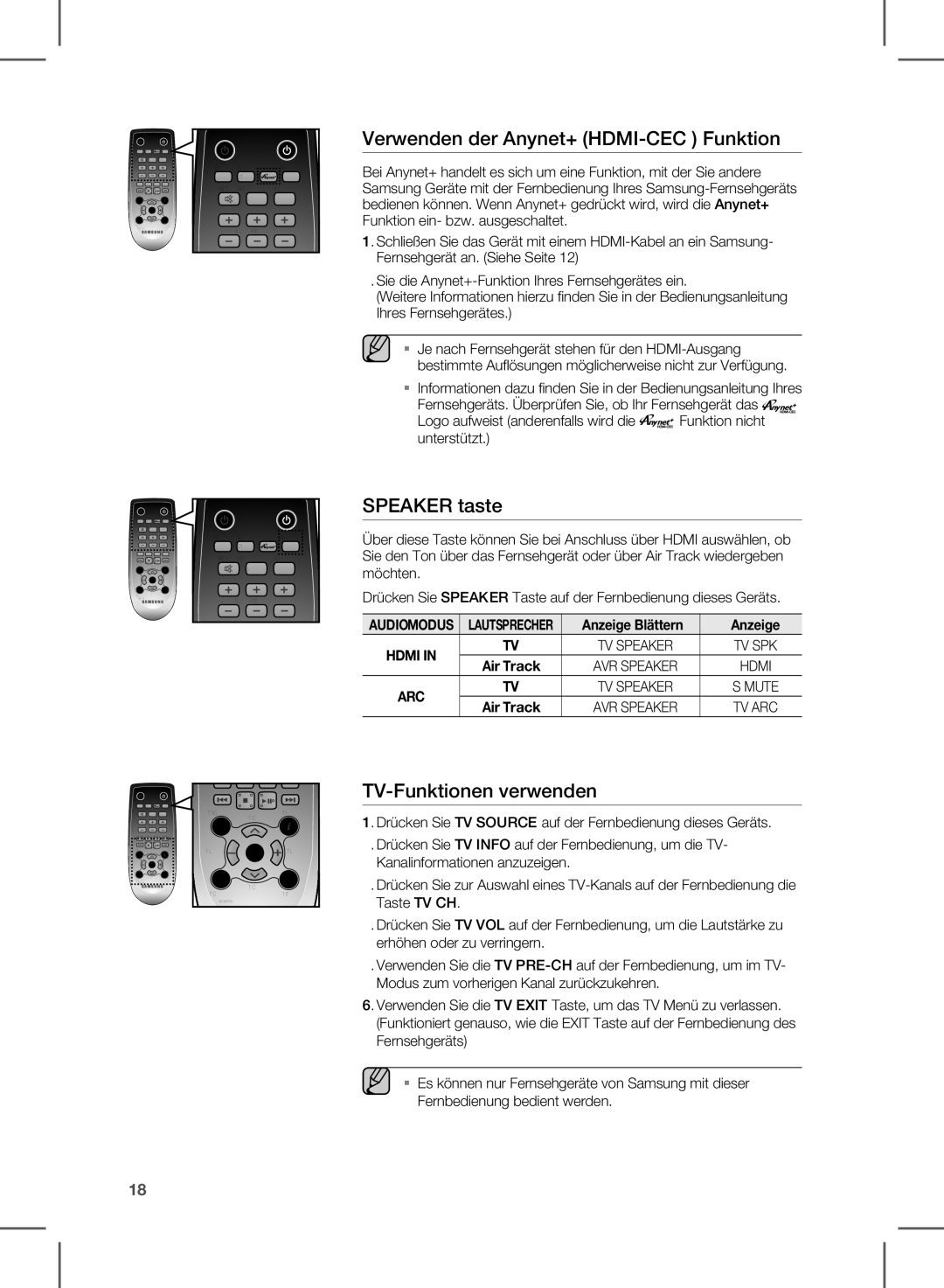 Samsung HW-E350/XN, HW-E350/EN, HW-E350/ZF Verwenden der Anynet+ HDMI-CEC Funktion, Speaker taste, TV-Funktionen verwenden 