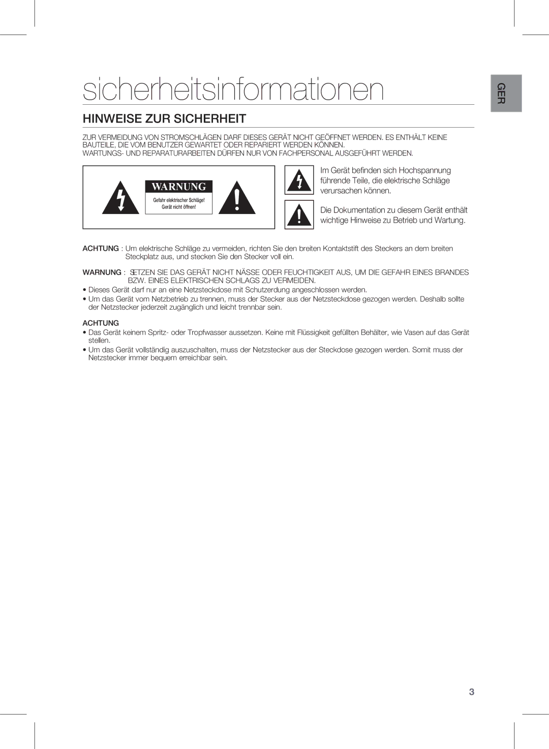 Samsung HW-E350/XN, HW-E350/EN, HW-E350/ZF manual Sicherheitsinformationen, Hinweise zur Sicherheit 