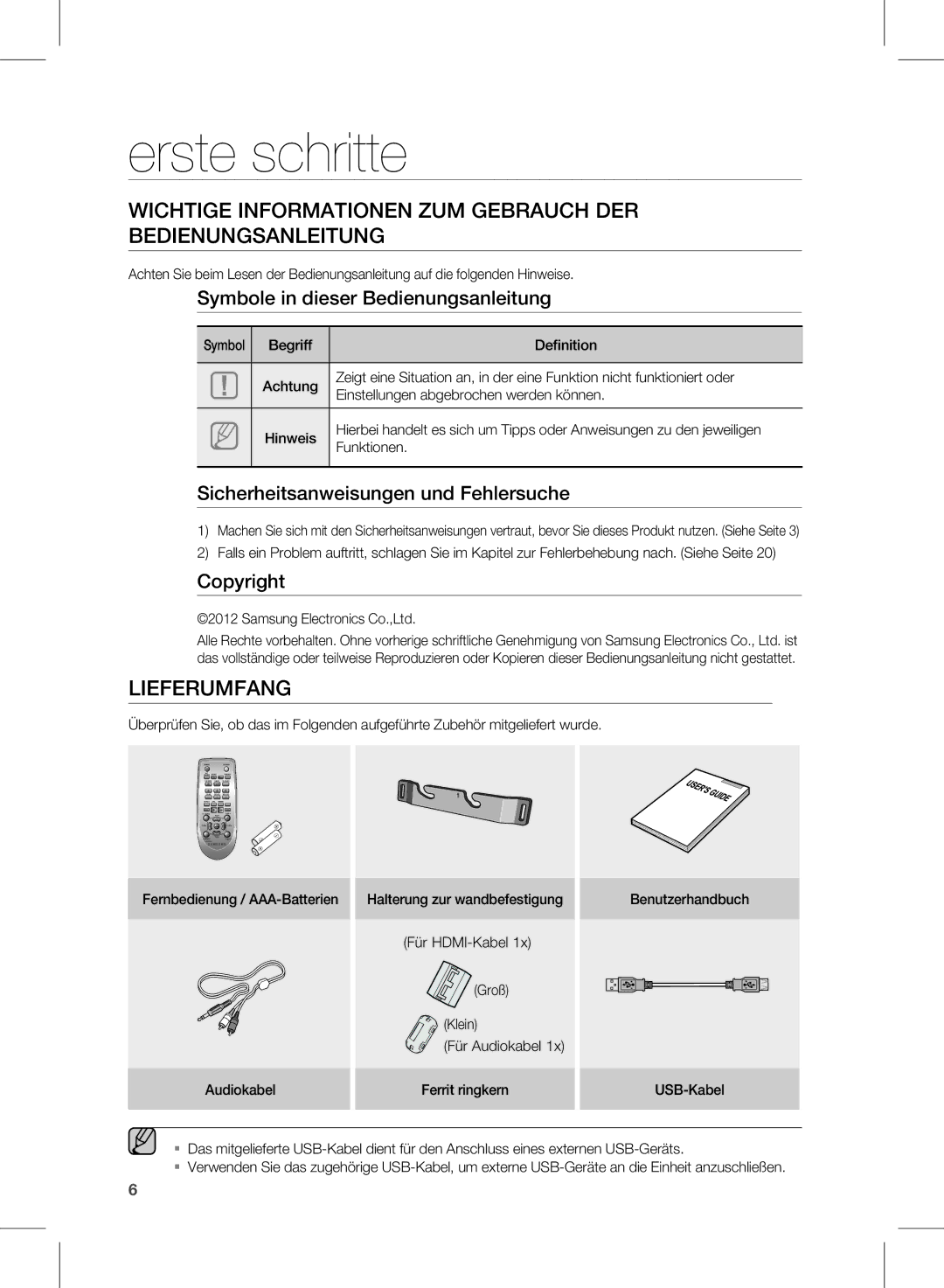 Samsung HW-E350/XN, HW-E350/EN Erste schritte, WicHtiGe inforMAtionen zuM GebrAucH der bedienunGsAnLeitunG, LieferuMfAnG 