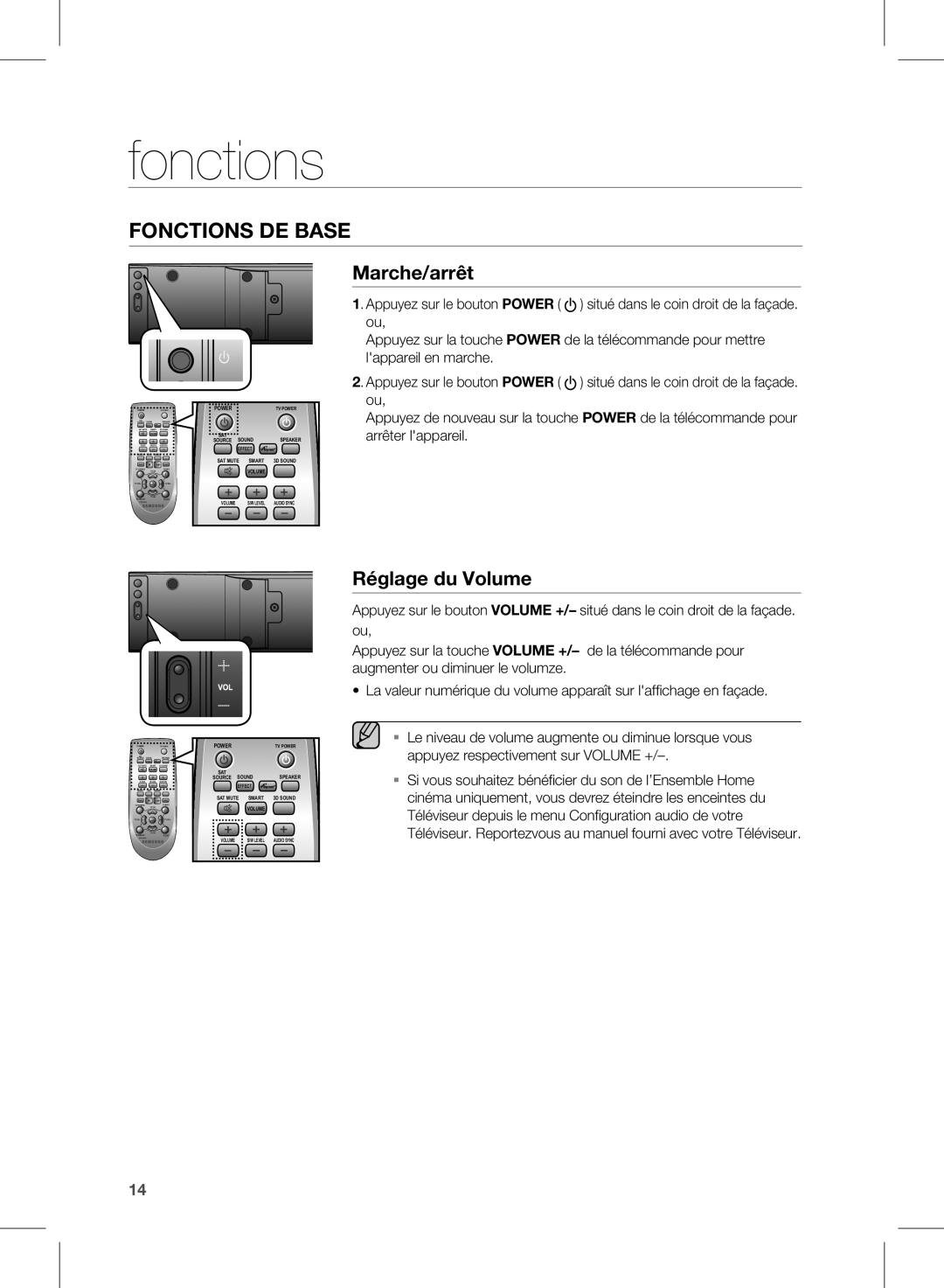 Samsung HW-E350/ZF manual Fonctions, Marche/arrêt, Réglage du Volume 