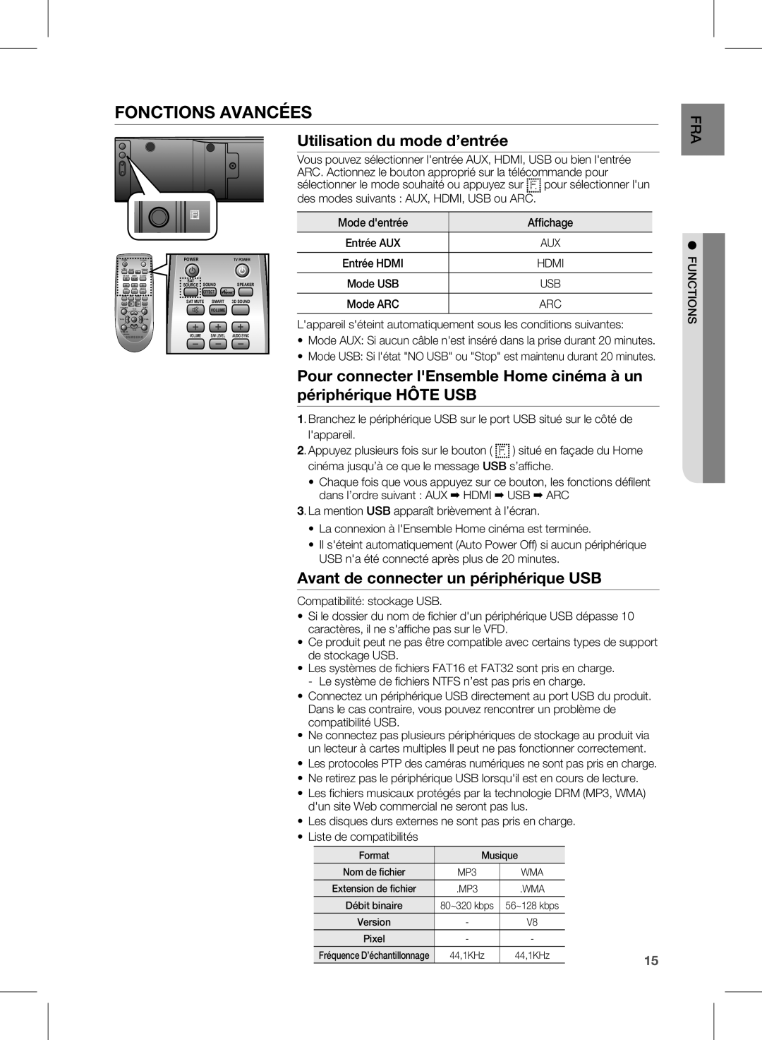 Samsung HW-E350/ZF manual Utilisation du mode d’entrée, Avant de connecter un périphérique USB 