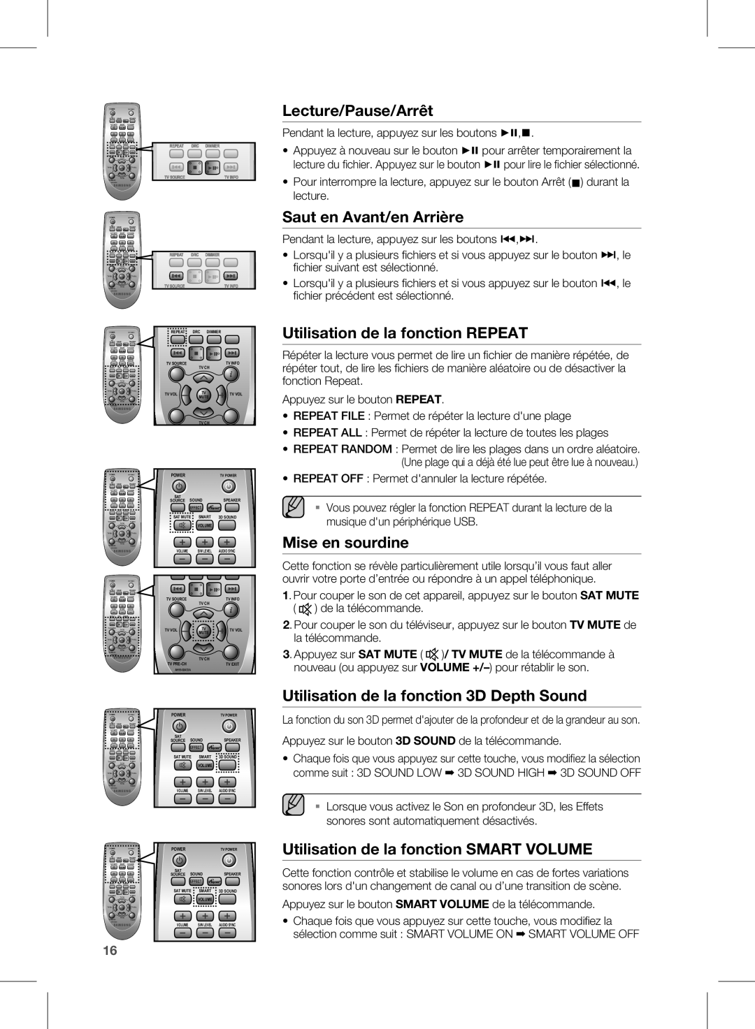 Samsung HW-E350/ZF Lecture/Pause/Arrêt, Saut en Avant/en Arrière, Utilisation de la fonction Repeat, Mise en sourdine 