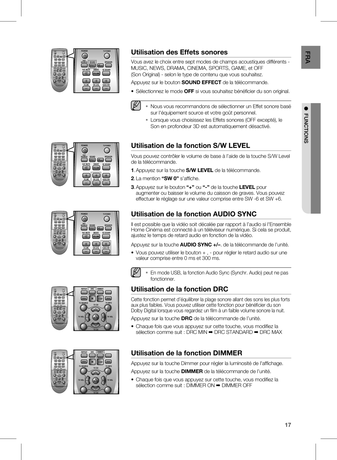 Samsung HW-E350/ZF Utilisation des Effets sonores, Utilisation de la fonction S/W Level, Utilisation de la fonction DRC 