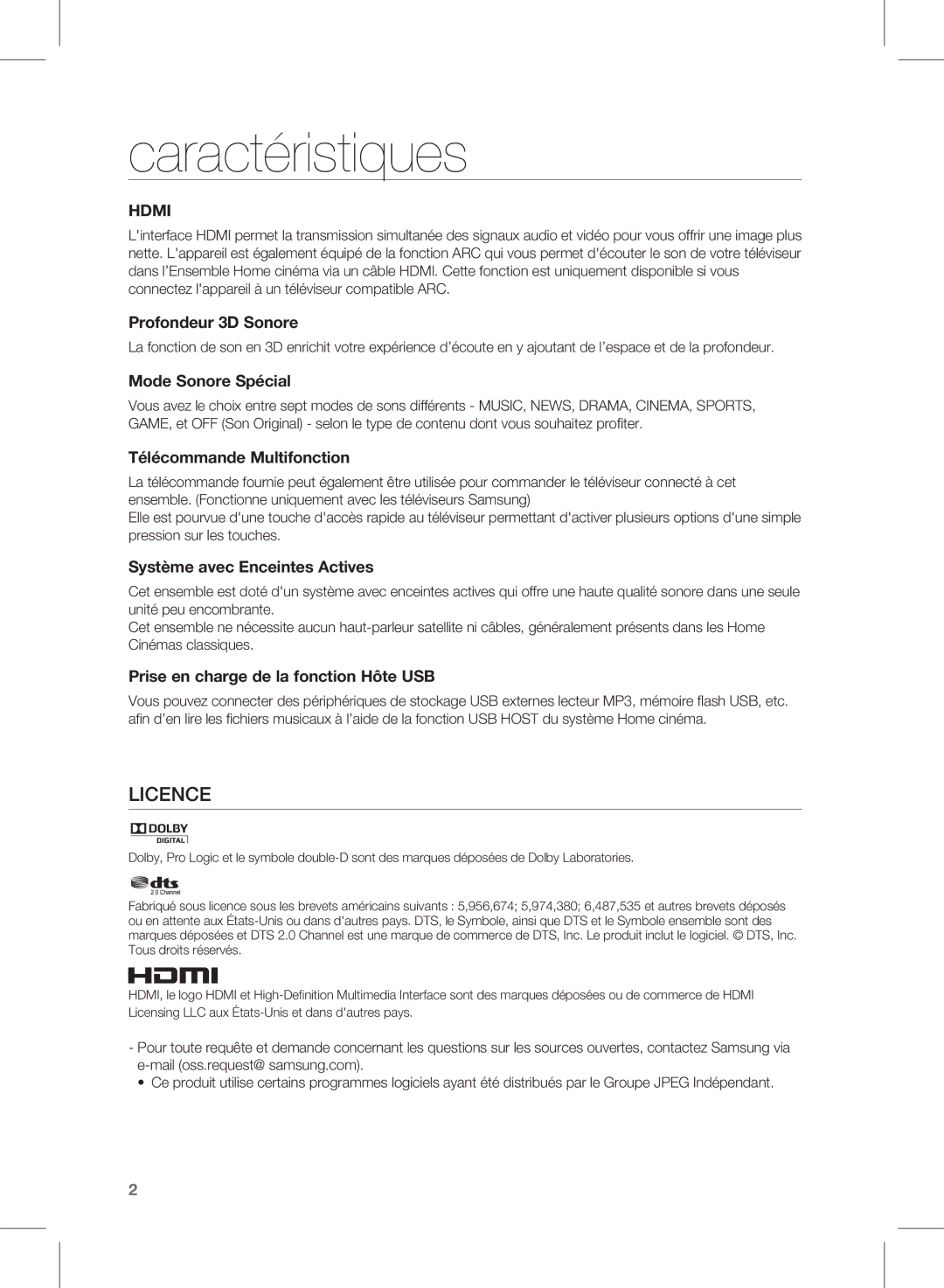 Samsung HW-E350/ZF manual Caractéristiques, Hdmi 