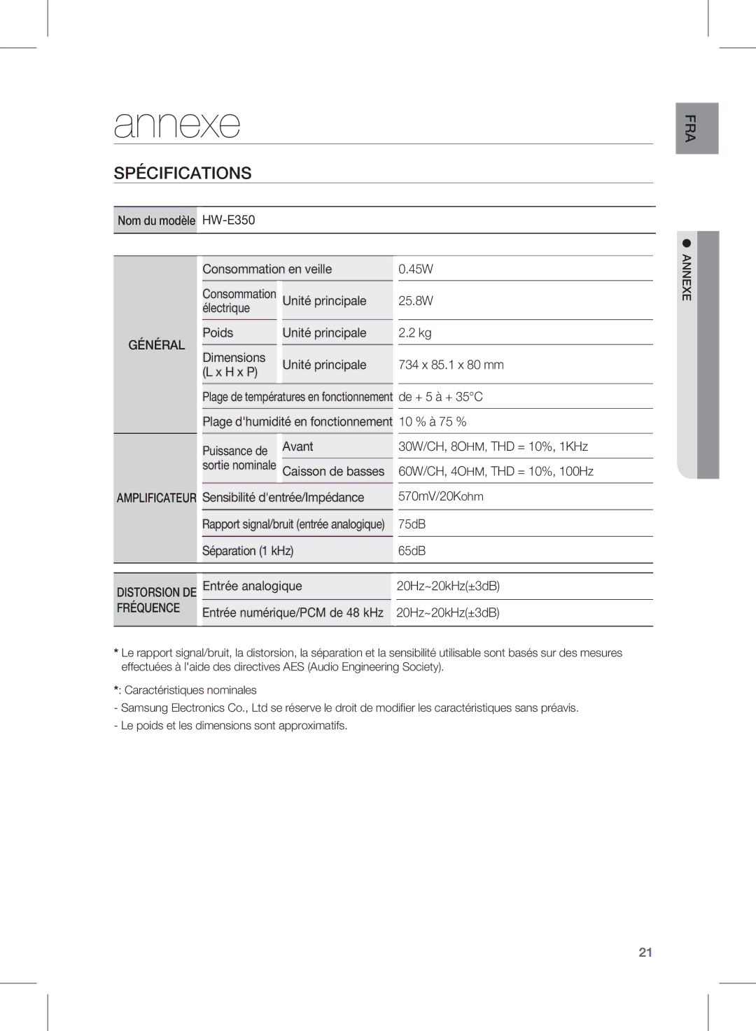 Samsung HW-E350/ZF manual Annexe, Spécifications 