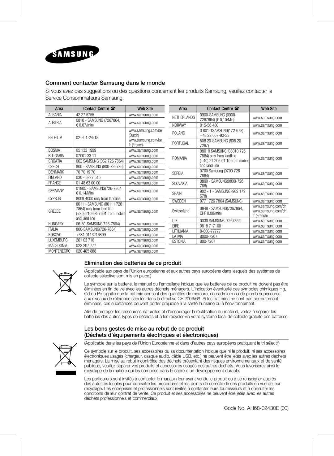 Samsung HW-E350/ZF manual Elimination des batteries de ce produit 