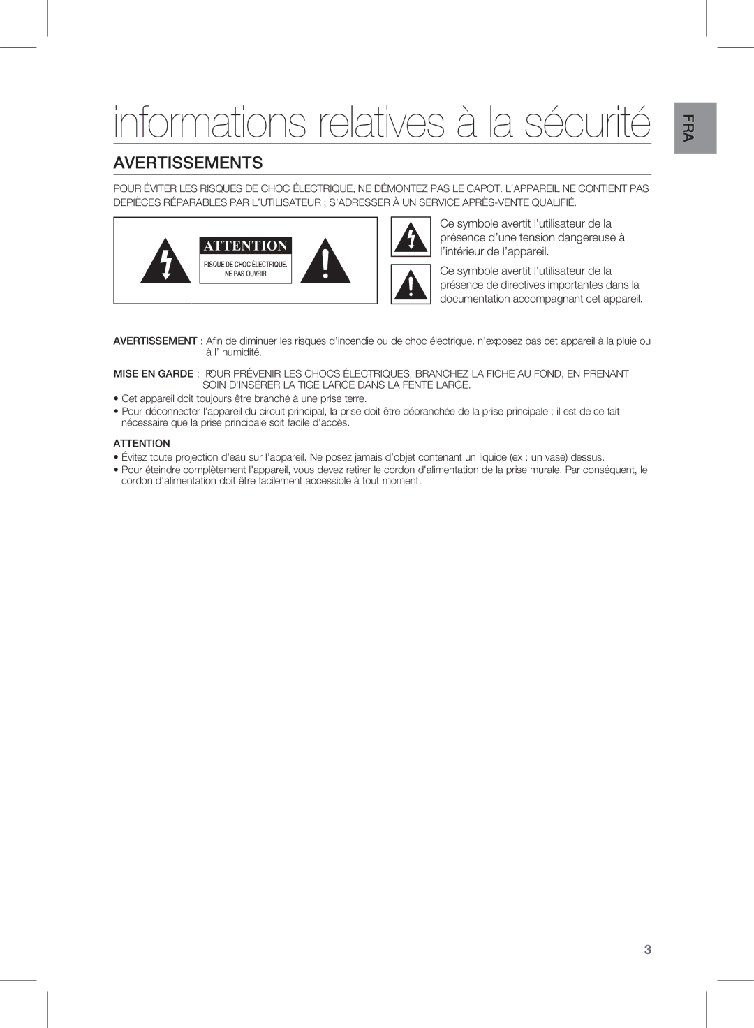 Samsung HW-E350/ZF manual Informations relatives à la sécurité, Avertissements 