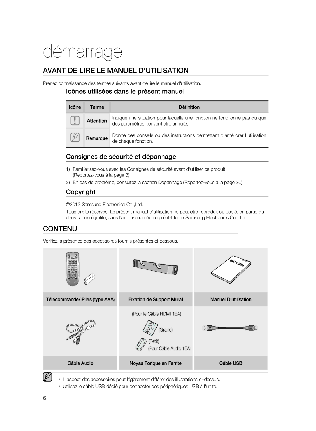 Samsung HW-E350/ZF manual Démarrage, AvAnt De lire le mAnUel DUtilisAtiOn, COntenU 