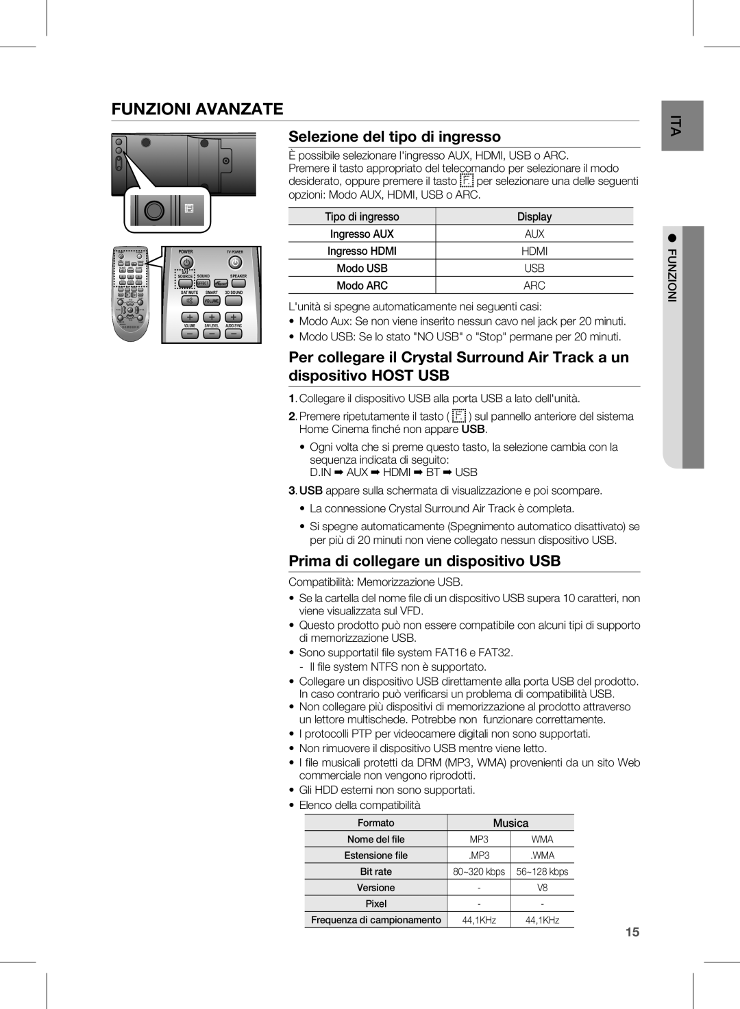 Samsung HW-E350/ZF manual Selezione del tipo di ingresso, Prima di collegare un dispositivo USB, Musica 