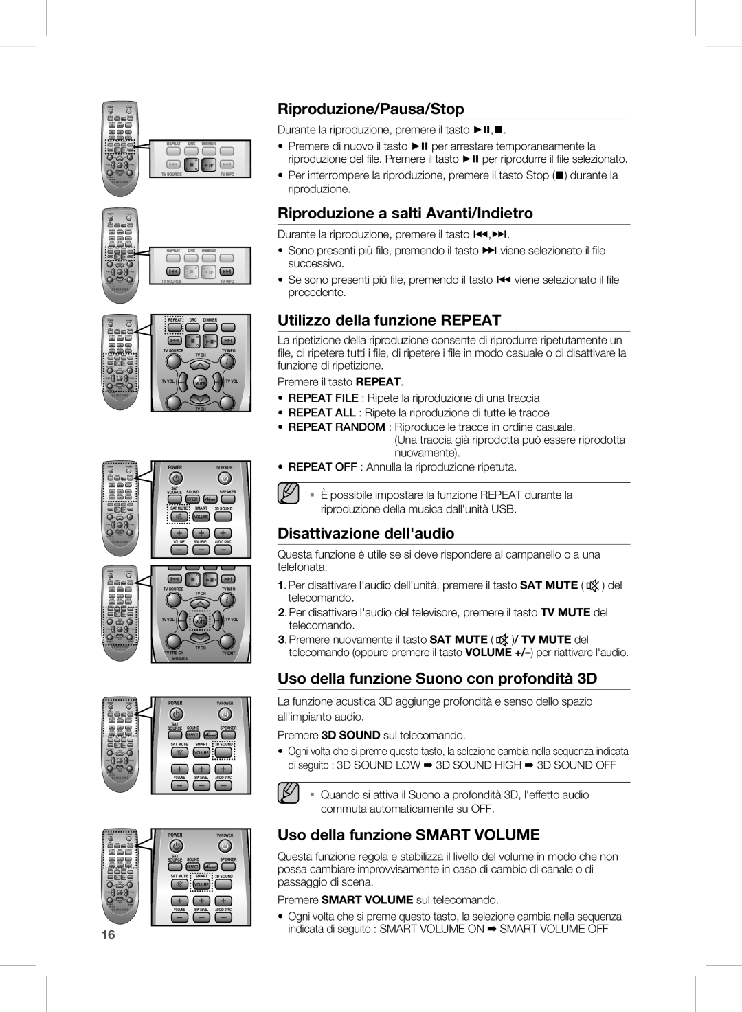 Samsung HW-E350/ZF manual Riproduzione/pausa/stop, Riproduzione a salti avanti/indietro, Utilizzo della funzione Repeat 