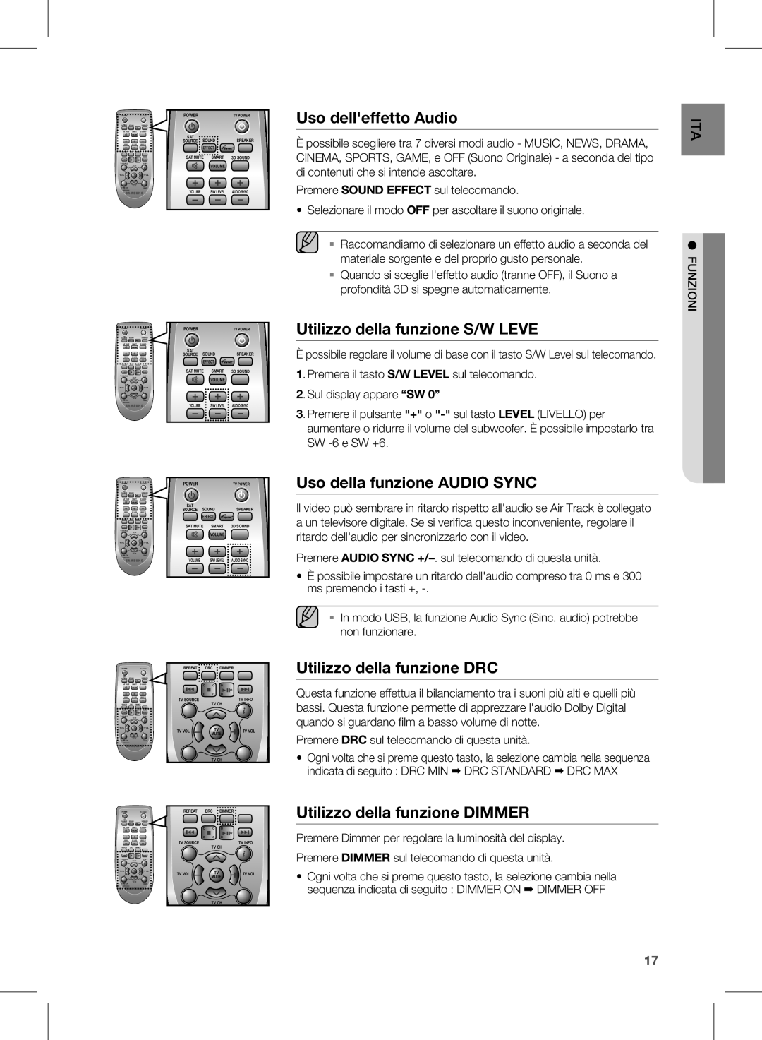 Samsung HW-E350/ZF manual Uso delleffetto audio, Utilizzo della funzione S/W Leve, Uso della funzione Audio Sync 