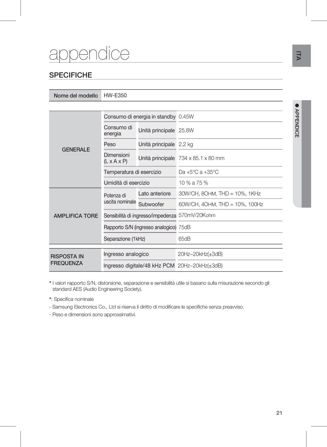 Samsung HW-E350/ZF manual Appendice, Specifiche, Consumo di energia in standby, Dice appen 