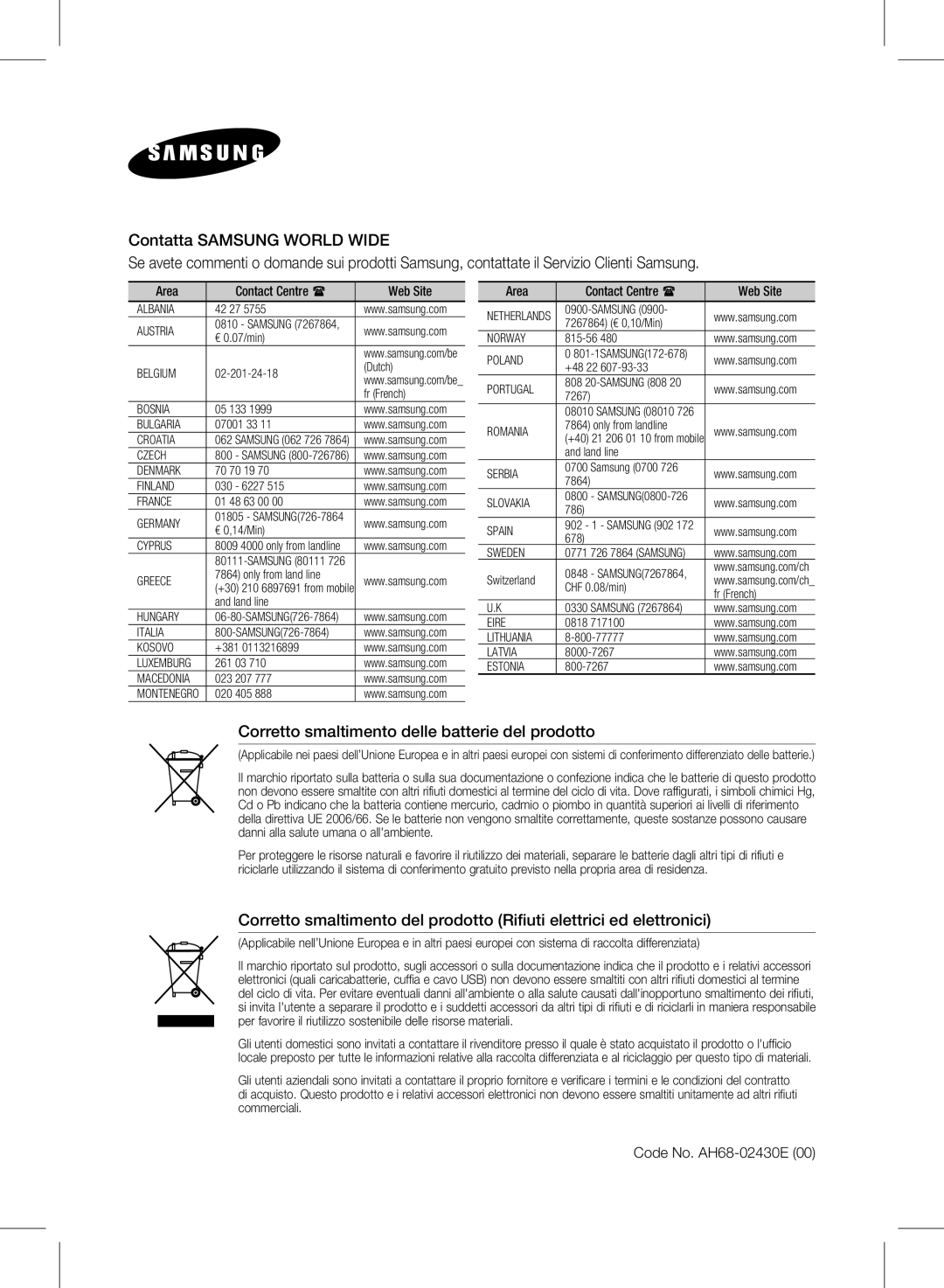 Samsung HW-E350/ZF manual Code No. AH68-02430E, Area Contact Centre  Web Site 