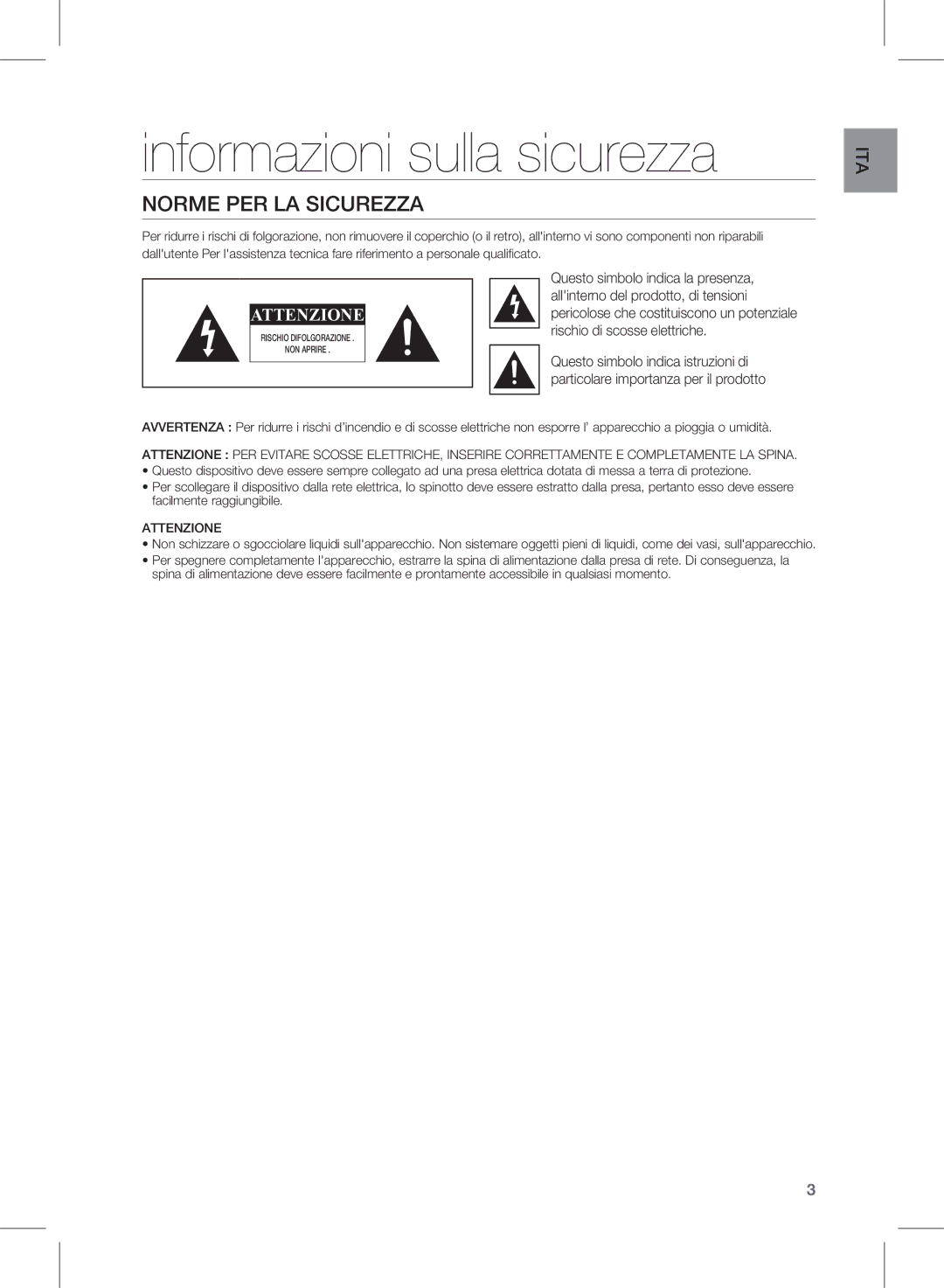 Samsung HW-E350/ZF manual Informazioni sulla sicurezza, Norme per la sicurezza 