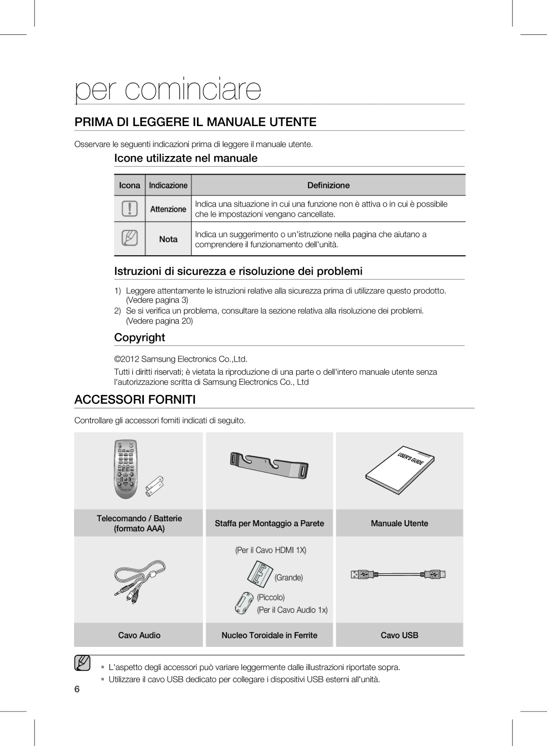 Samsung HW-E350/ZF Per cominciare, Prima Di leGGere il manuale uTenTe, Accessori ForniTi 