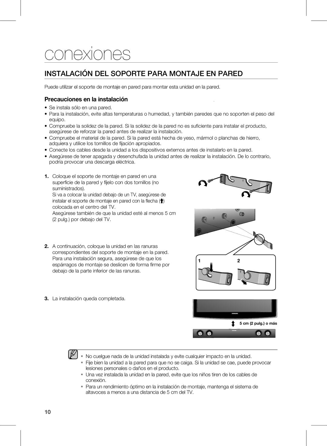 Samsung HW-E350/ZF manual Conexiones, InstalaciÓn del sOPOrte Para MOntaJe en Pared 