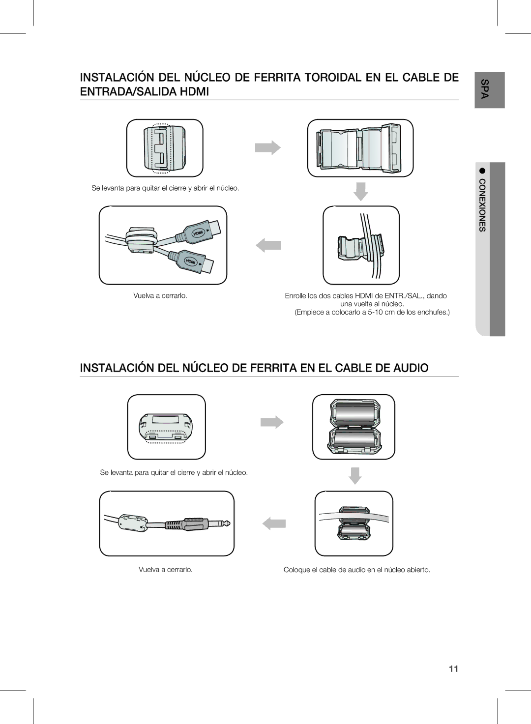 Samsung HW-E350/ZF manual InstalaciÓn del nÚcleO de ferrita en el caBle de aUdiO 