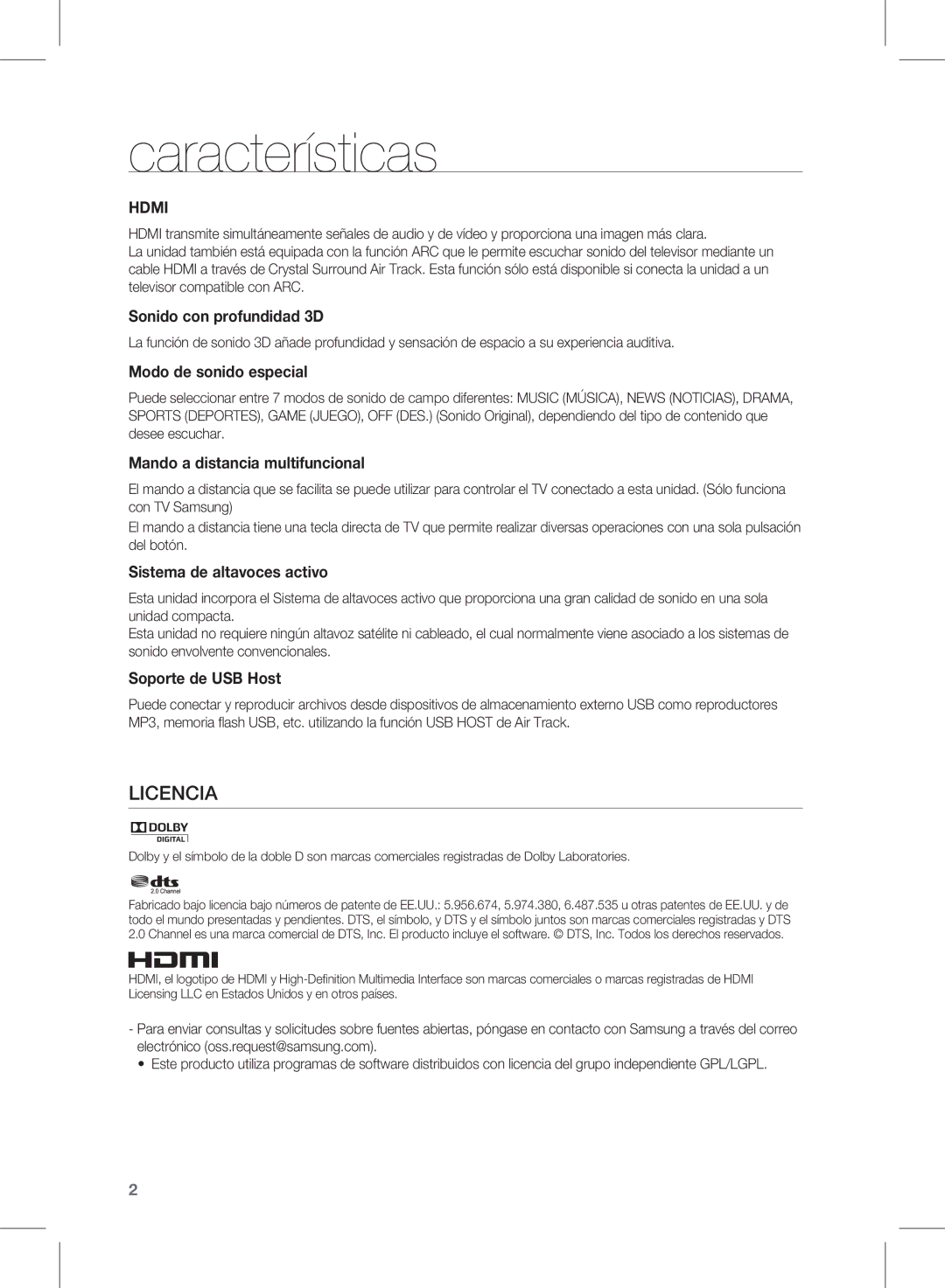 Samsung HW-E350/ZF manual Características, Hdmi 