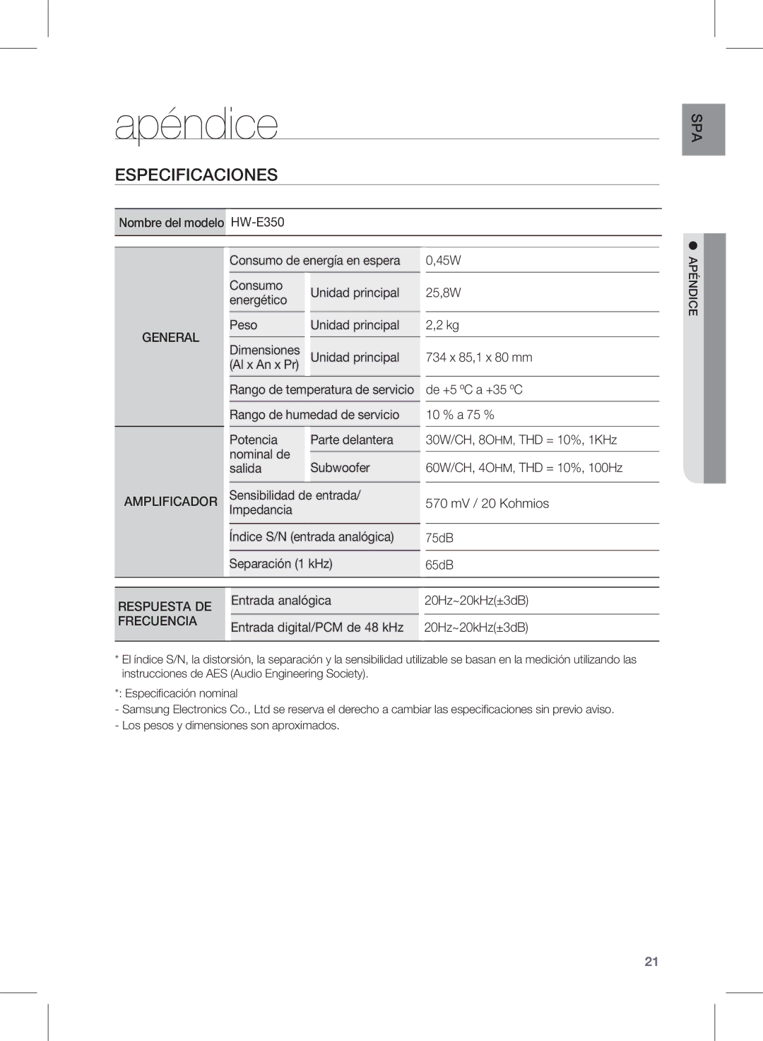 Samsung HW-E350/ZF manual Apéndice, Especificaciones 