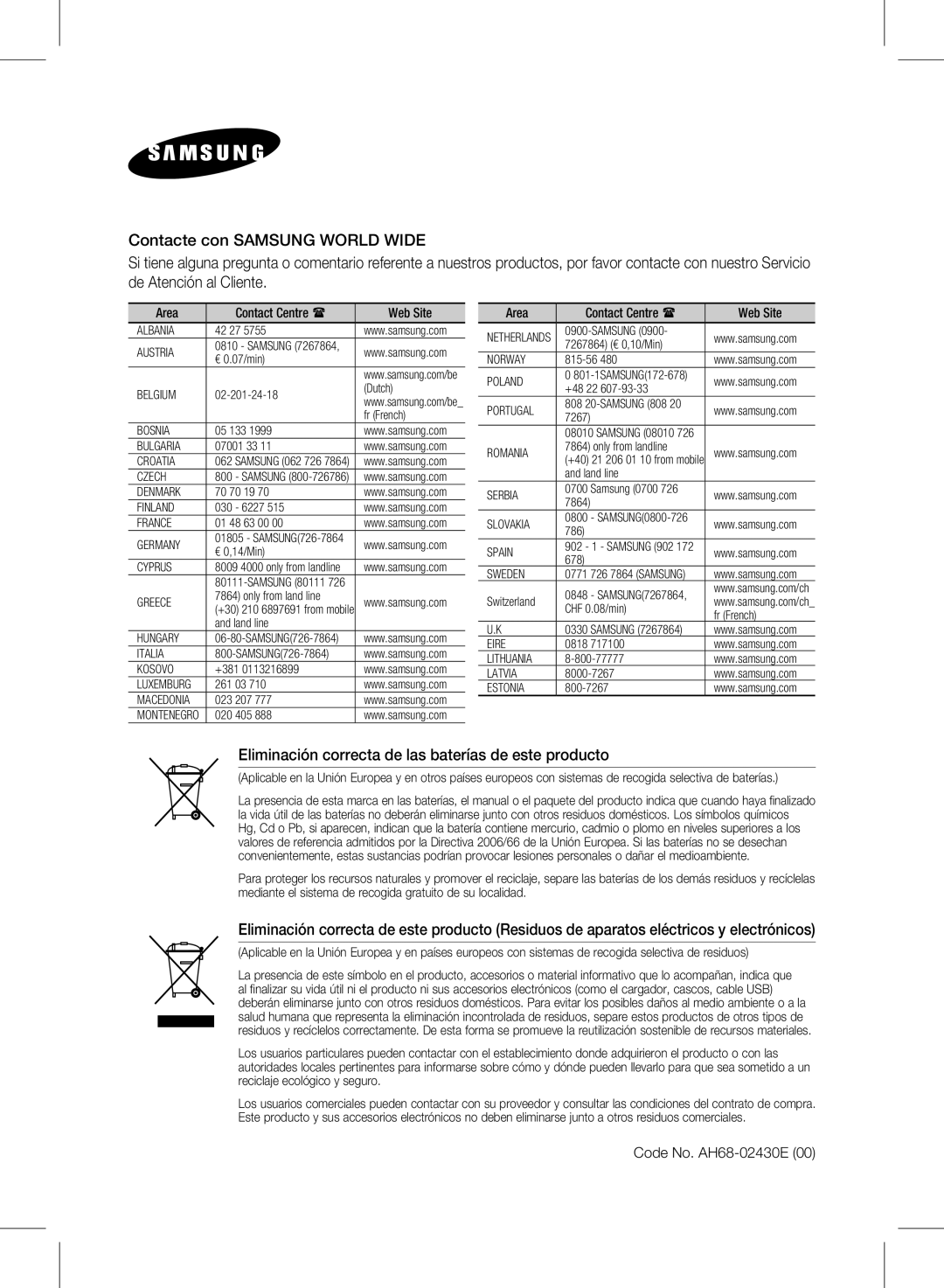 Samsung HW-E350/ZF manual Eliminación correcta de las baterías de este producto 