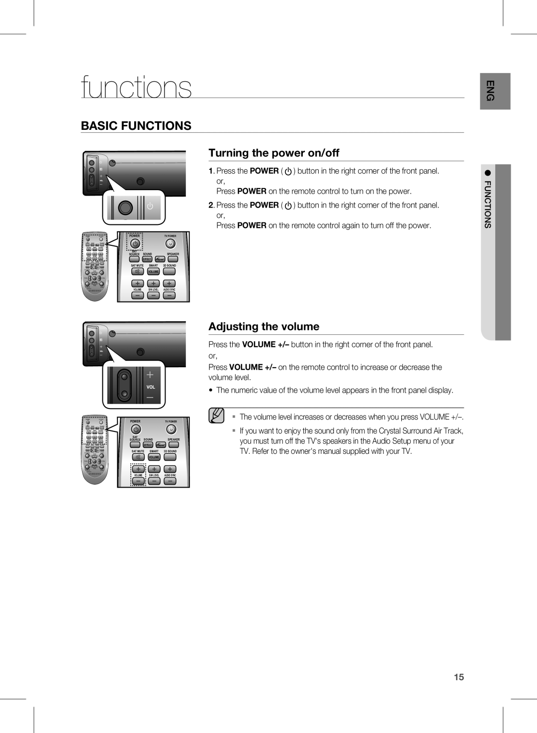 Samsung HW-E450 user manual Functions, Turning the power on/off, Adjusting the volume, Fnso uncti 