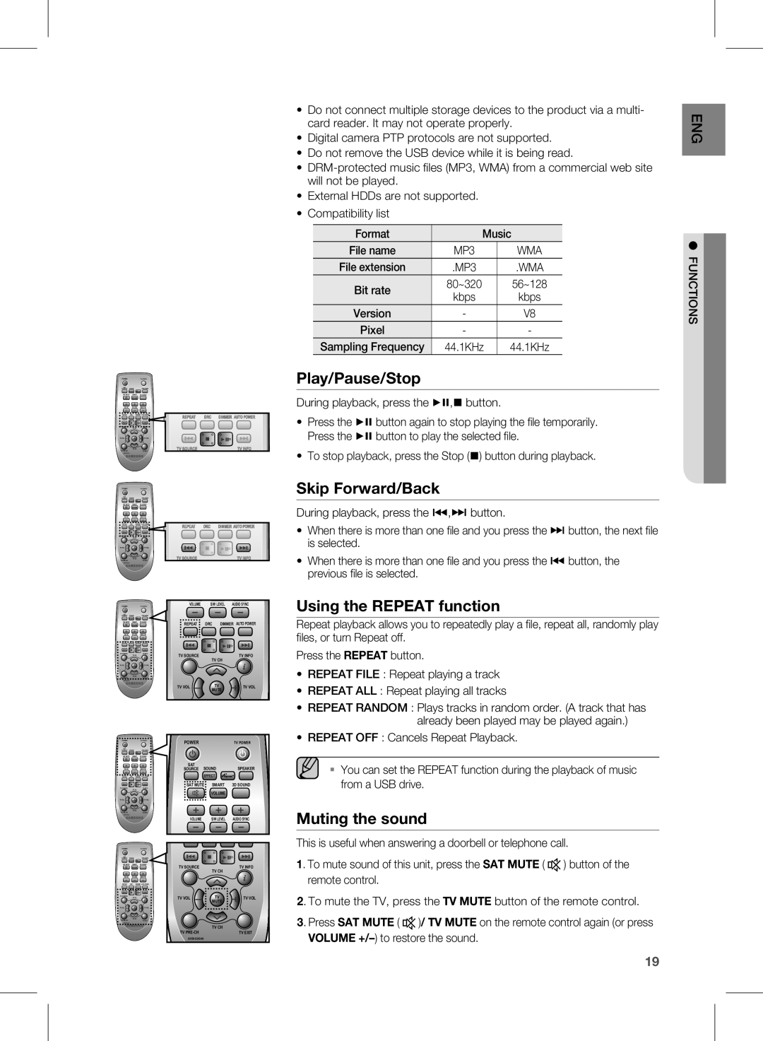 Samsung HW-E450 user manual Play/Pause/Stop, Skip Forward/Back, Using the Repeat function, Muting the sound 