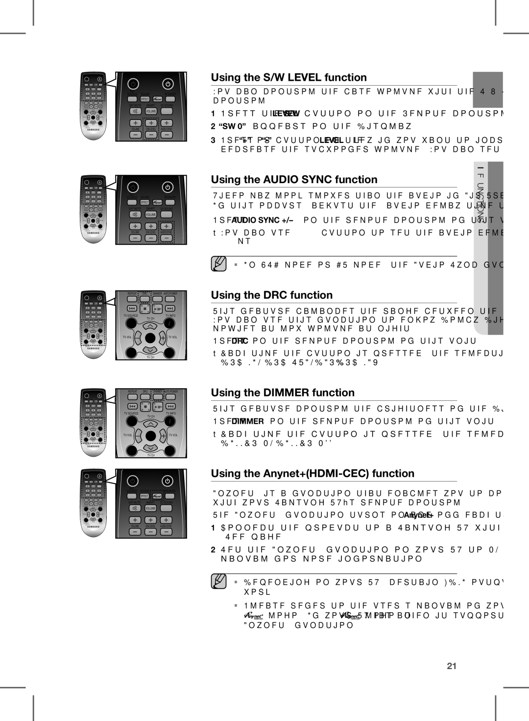 Samsung HW-E450 user manual Using the S/W Level function, Using the Audio Sync function, Using the DRC function 