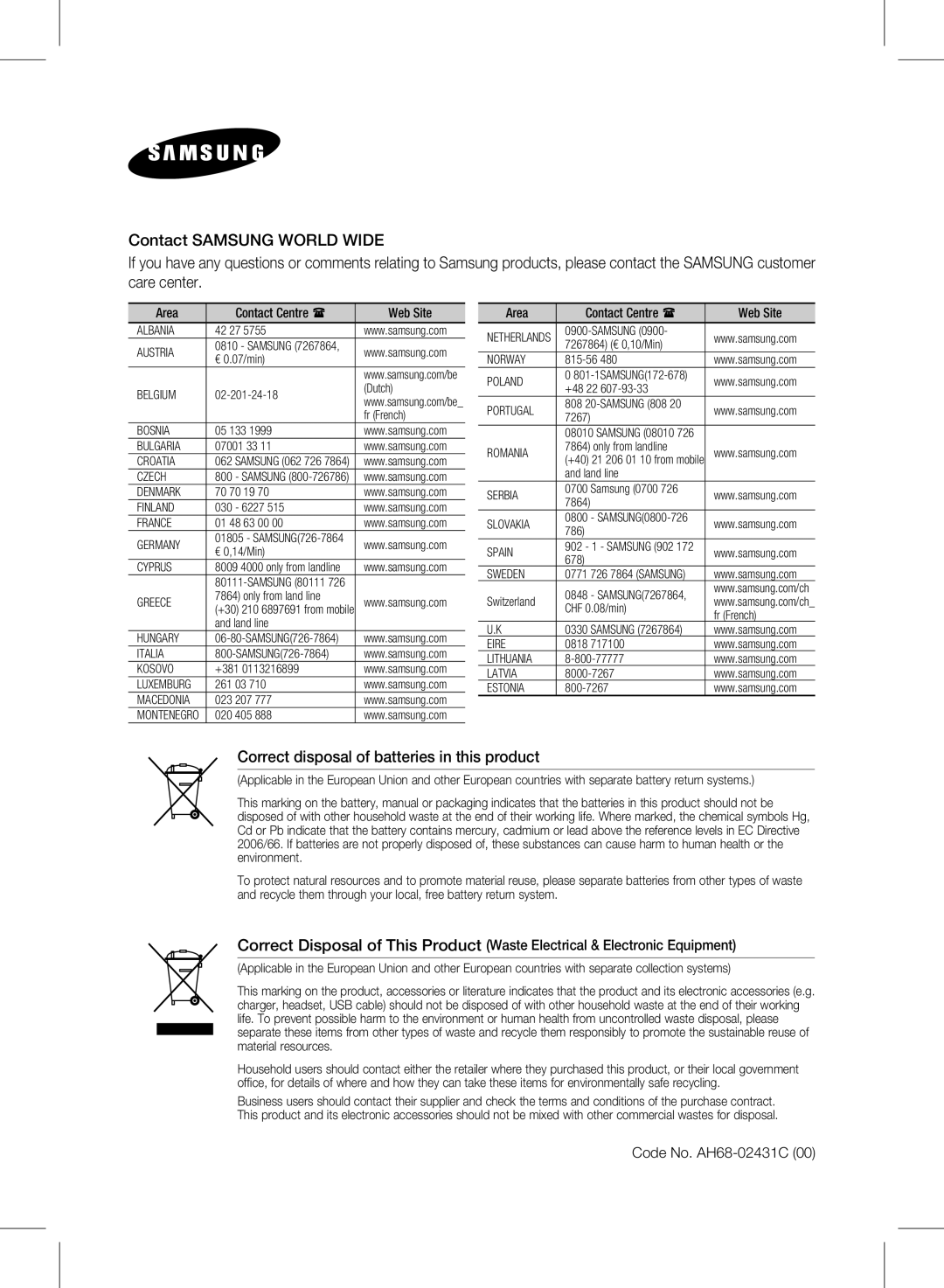 Samsung HW-E450 user manual Code No. AH68-02431C, Area Contact Centre  Web Site 