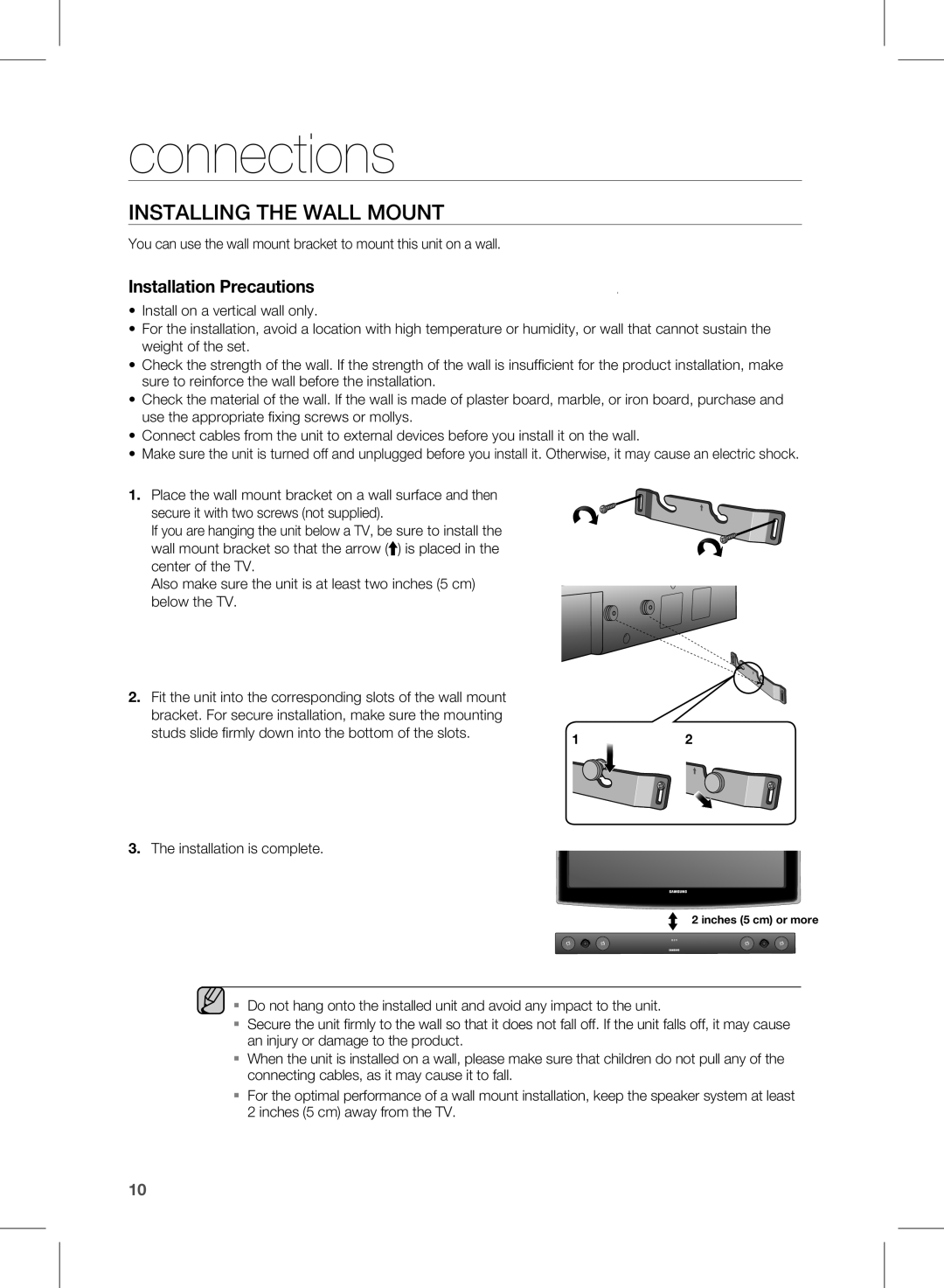 Samsung HW-E450 user manual connections, INSTAllING THE WAll MOUNT, Installation Precautions 