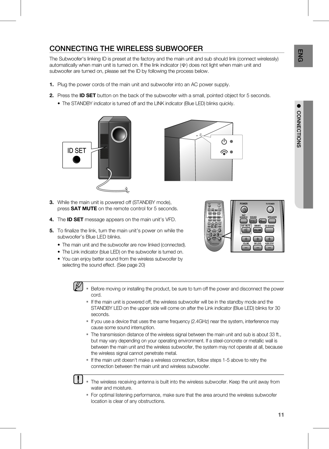 Samsung HW-E450 user manual CONNECTING THE WIrElESS SUBWOOFEr 
