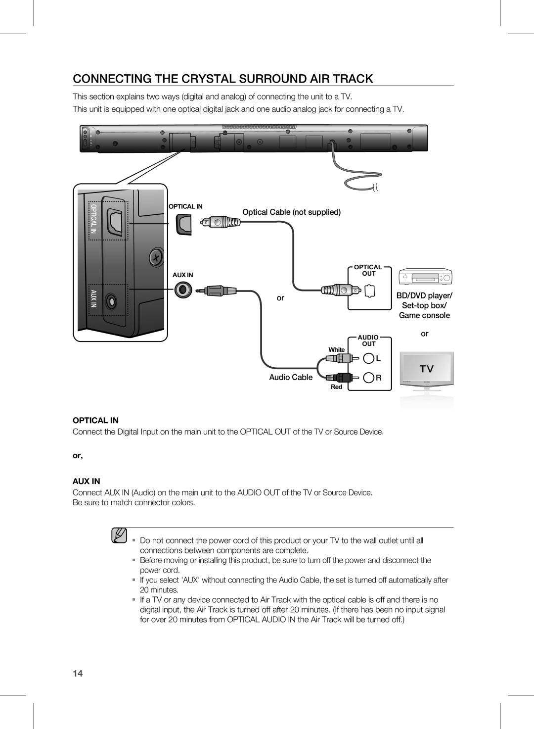 Samsung HW-E450 user manual connecting the CRYSTAL SURROUND AIR TRACK, Optical In, Audio Cable, or AUX IN 