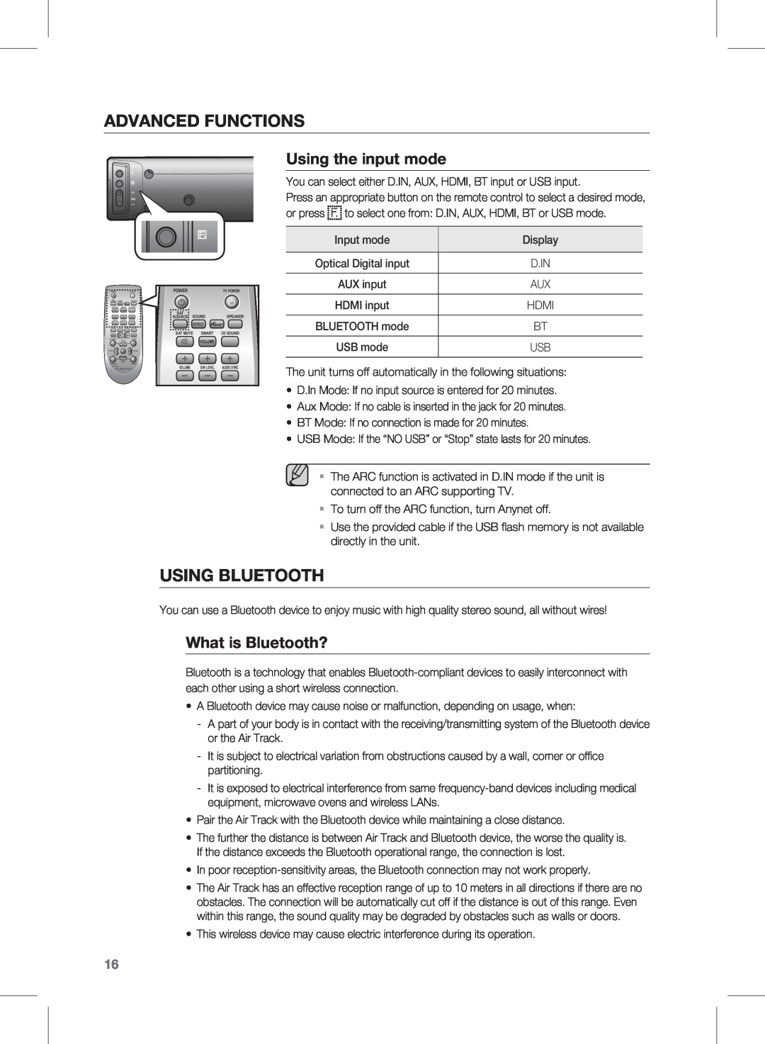 Samsung HW-E450 user manual advanced functions, Using BLUETOOTH, Using the input mode, What is Bluetooth? 