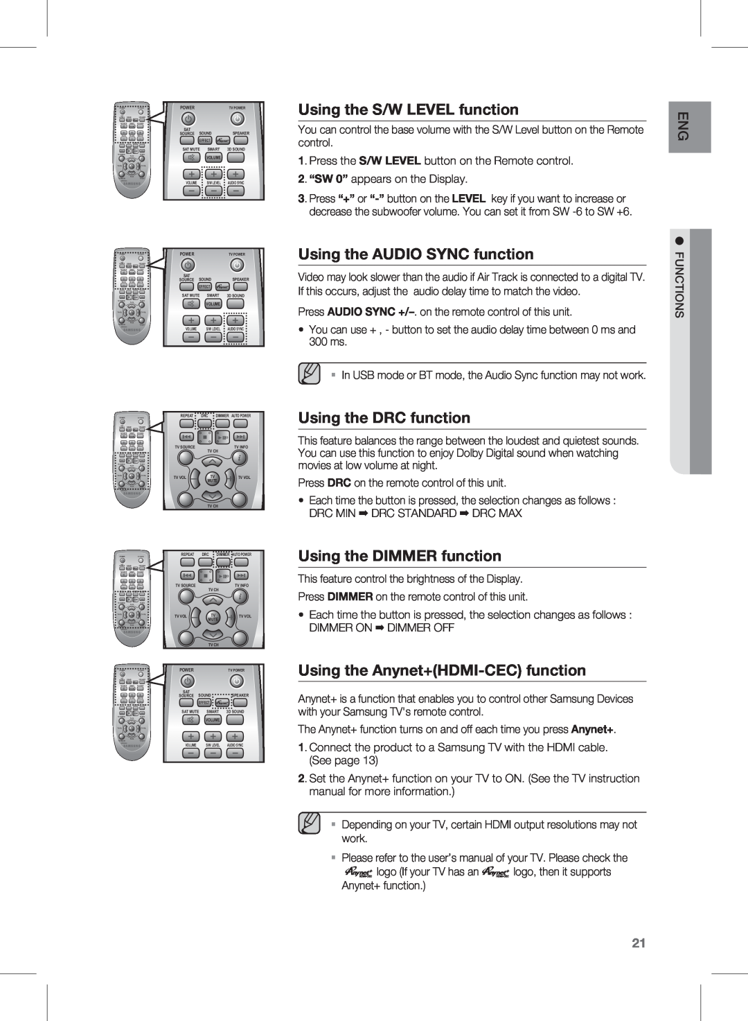 Samsung HW-E450 user manual Using the S/W LEVEL function, Using the AUDIO SYNC function, Using the DRC function 