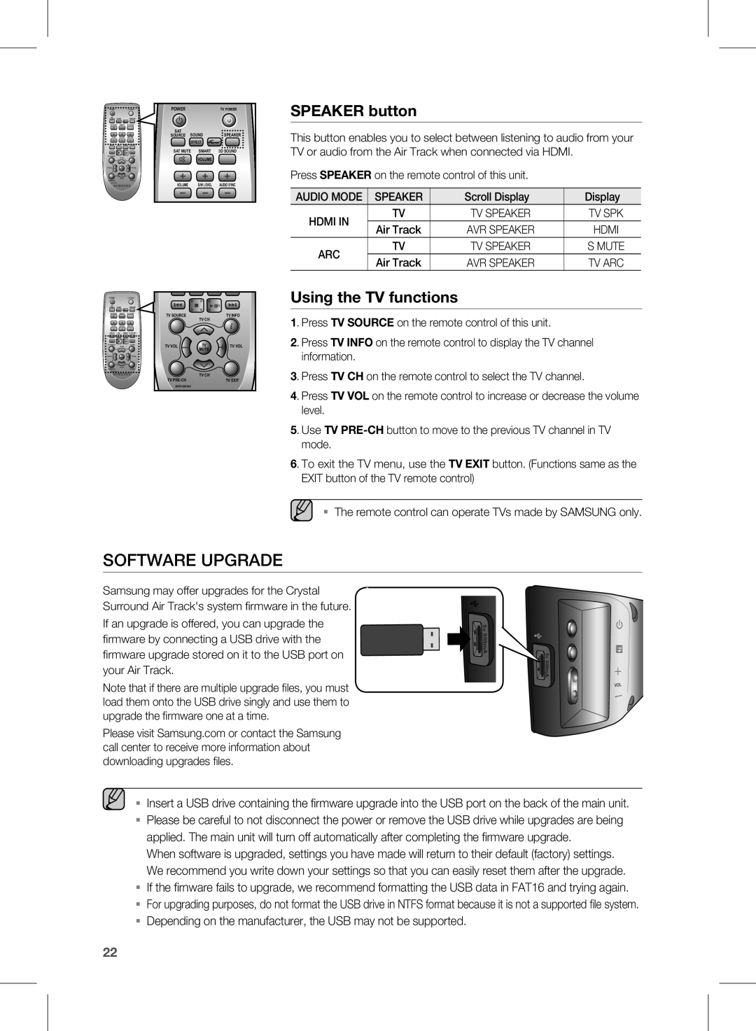 Samsung HW-E450 user manual Software Upgrade, SPEAKER button, Using the TV functions 