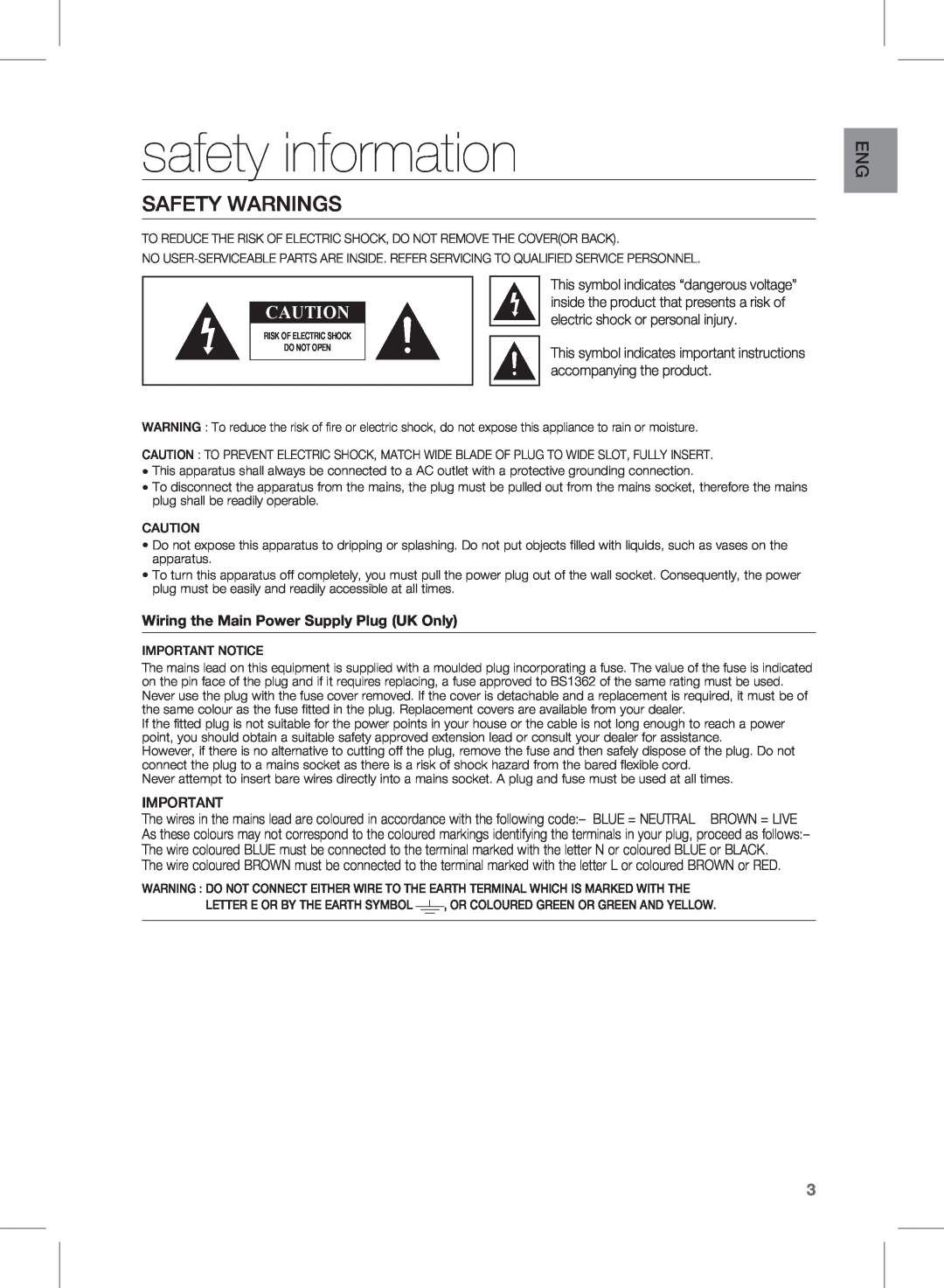 Samsung HW-E450 user manual safety information, Safety Warnings, Wiring the Main Power Supply Plug UK Only 