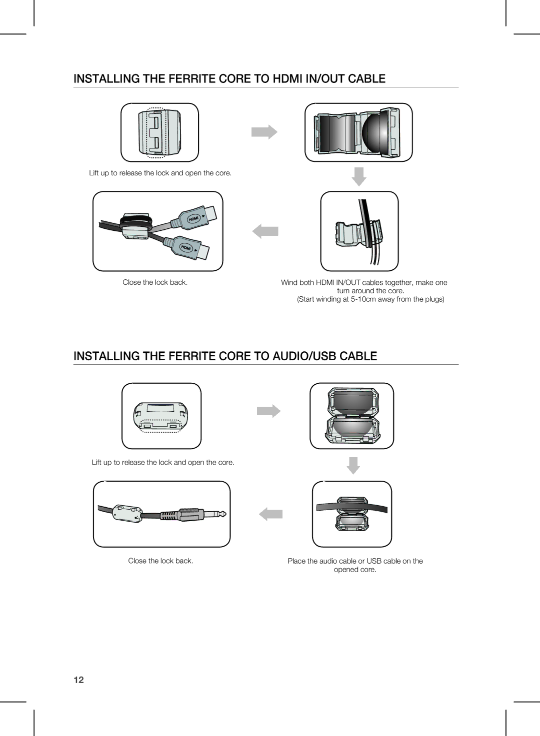 Samsung HW-E450C InstaLLing tHe ferrite cOre tO HDMi in/OUt caBLe, InstaLLing tHe ferrite cOre tO aUDiO/UsB caBLe 