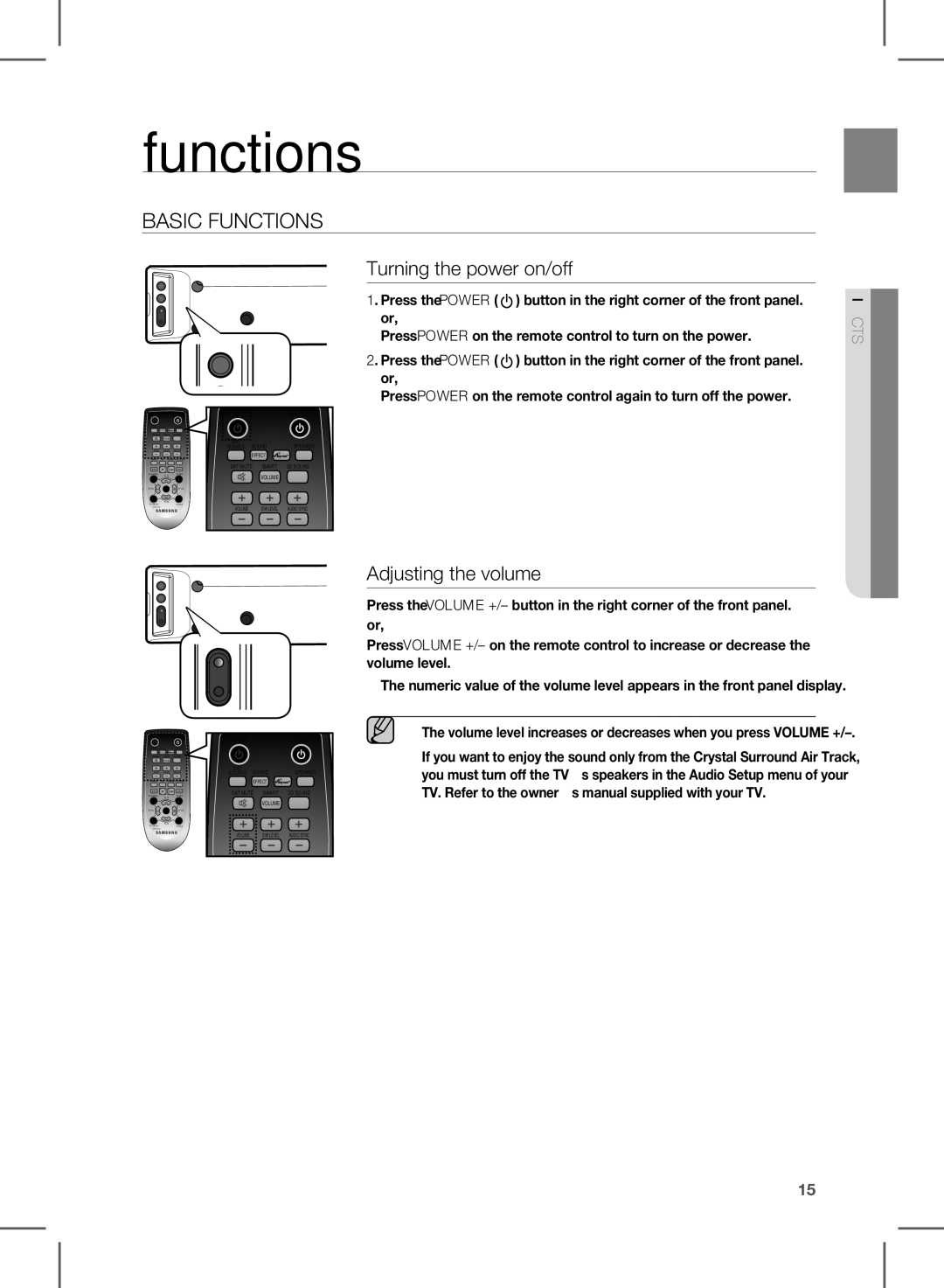 Samsung HW-E450C user manual Functions, Turning the power on/off, Adjusting the volume, Ctiofun 