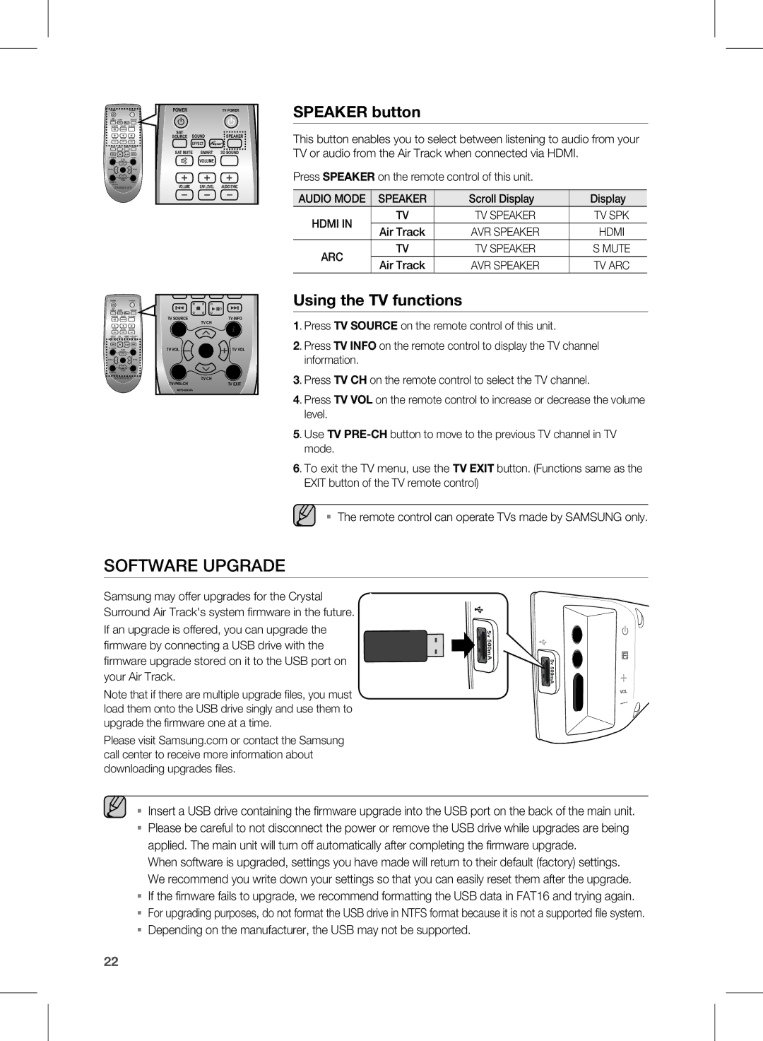 Samsung HW-E450C user manual Speaker button, Using the TV functions, Scroll Display, Air Track 