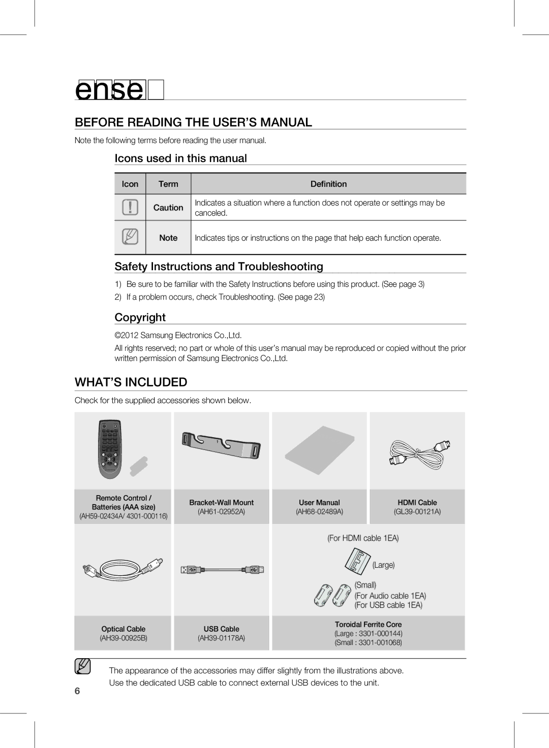 Samsung HW-E450C user manual Getting started, BefOre reaDing tHe User’s ManUaL, WHat’s incLUDeD 