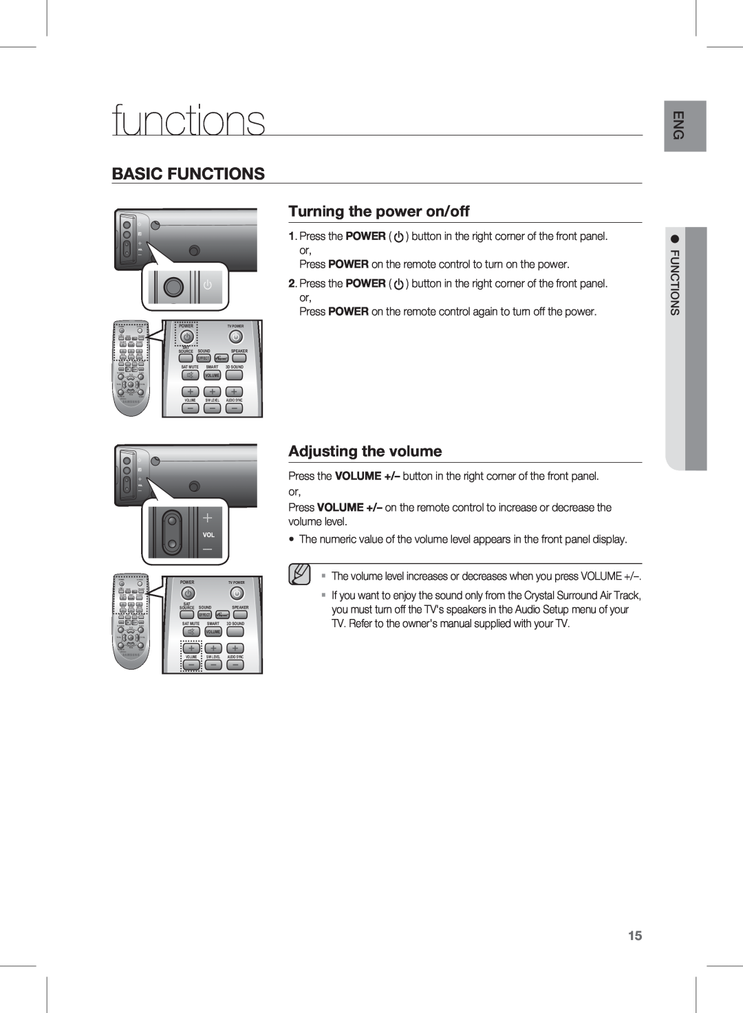 Samsung HW-E450C user manual basic functions, Turning the power on/off, Adjusting the volume, EnG sn 