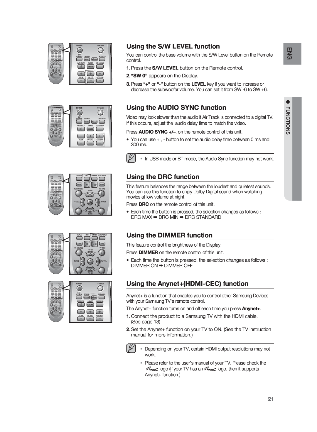 Samsung HW-E450C user manual Using the S/W LEVEL function, Using the AUDIO SYNC function, Using the DRC function 