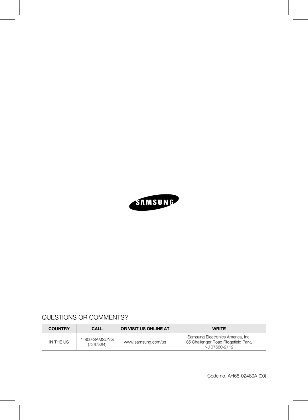 Samsung HW-E450C user manual Questions Or Comments?, Country, Call, Or Visit Us Online At, Write, In The Us, 7267864 
